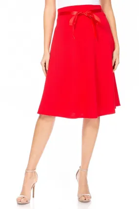 Women's Elegant A-Line Midi Skirt - High Waist with Bow Tie Detail