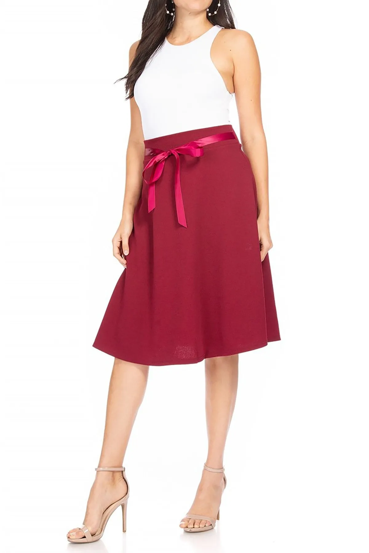 Women's Elegant A-Line Midi Skirt - High Waist with Bow Tie Detail