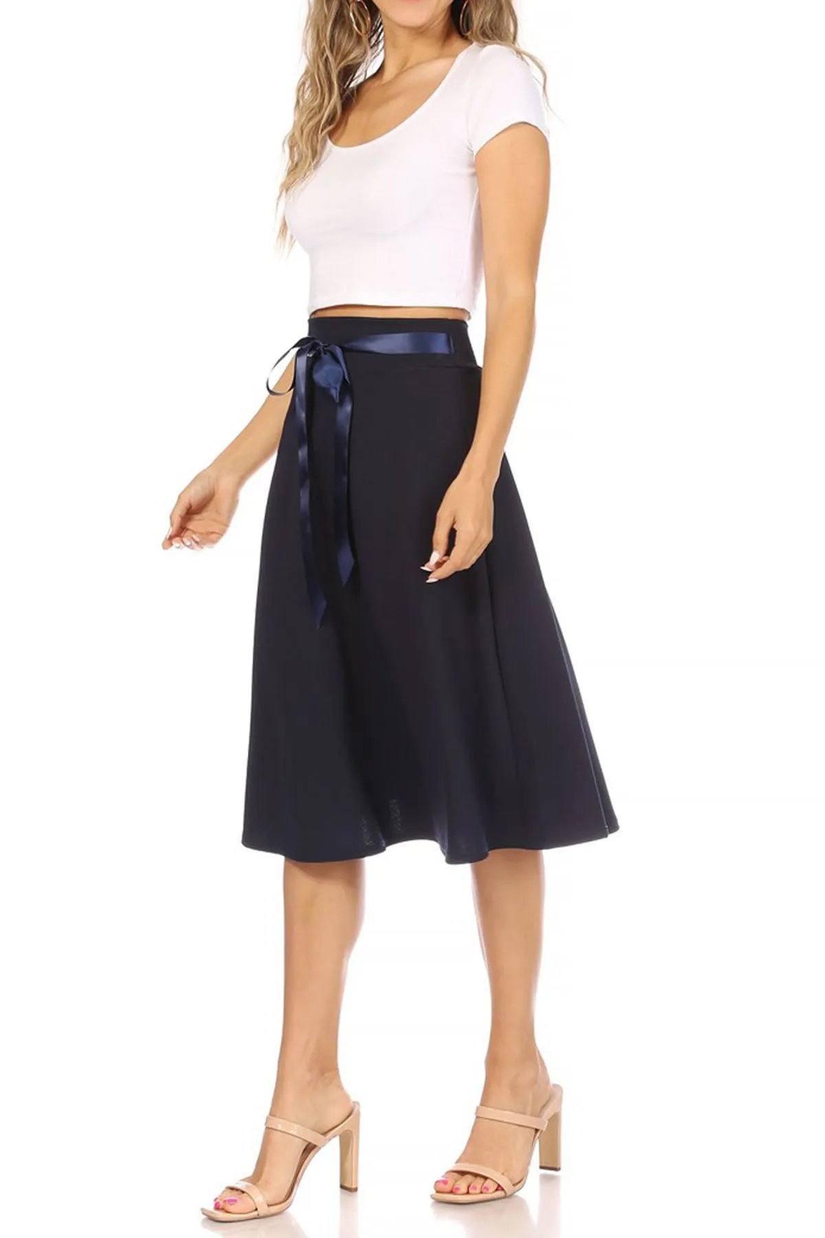 Women's Elegant A-Line Midi Skirt - High Waist with Bow Tie Detail