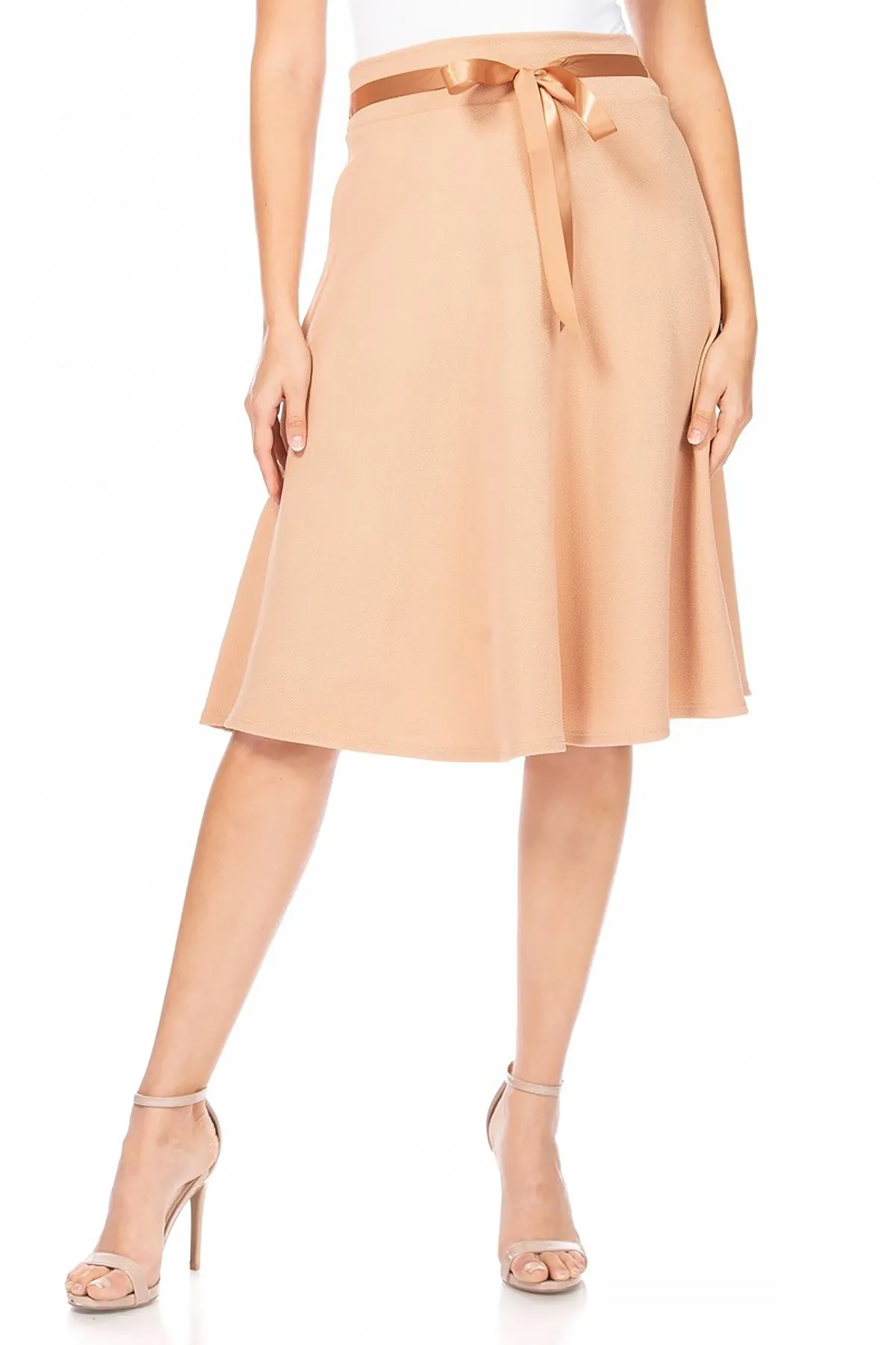 Women's Elegant A-Line Midi Skirt - High Waist with Bow Tie Detail