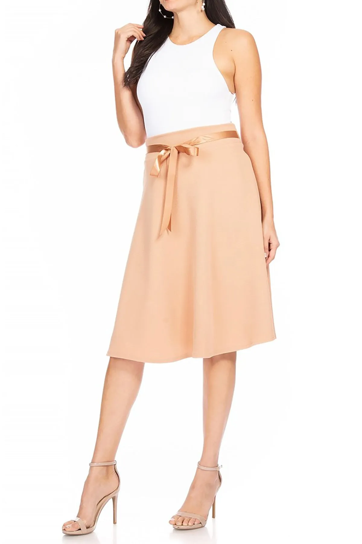 Women's Elegant A-Line Midi Skirt - High Waist with Bow Tie Detail