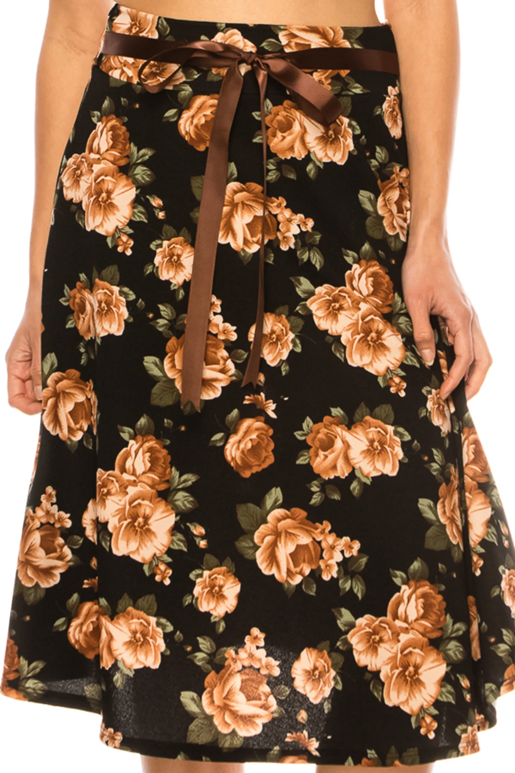 Women's Elegant Solid A-Line Midi Skirt with High Waist and Satin Tie Belt