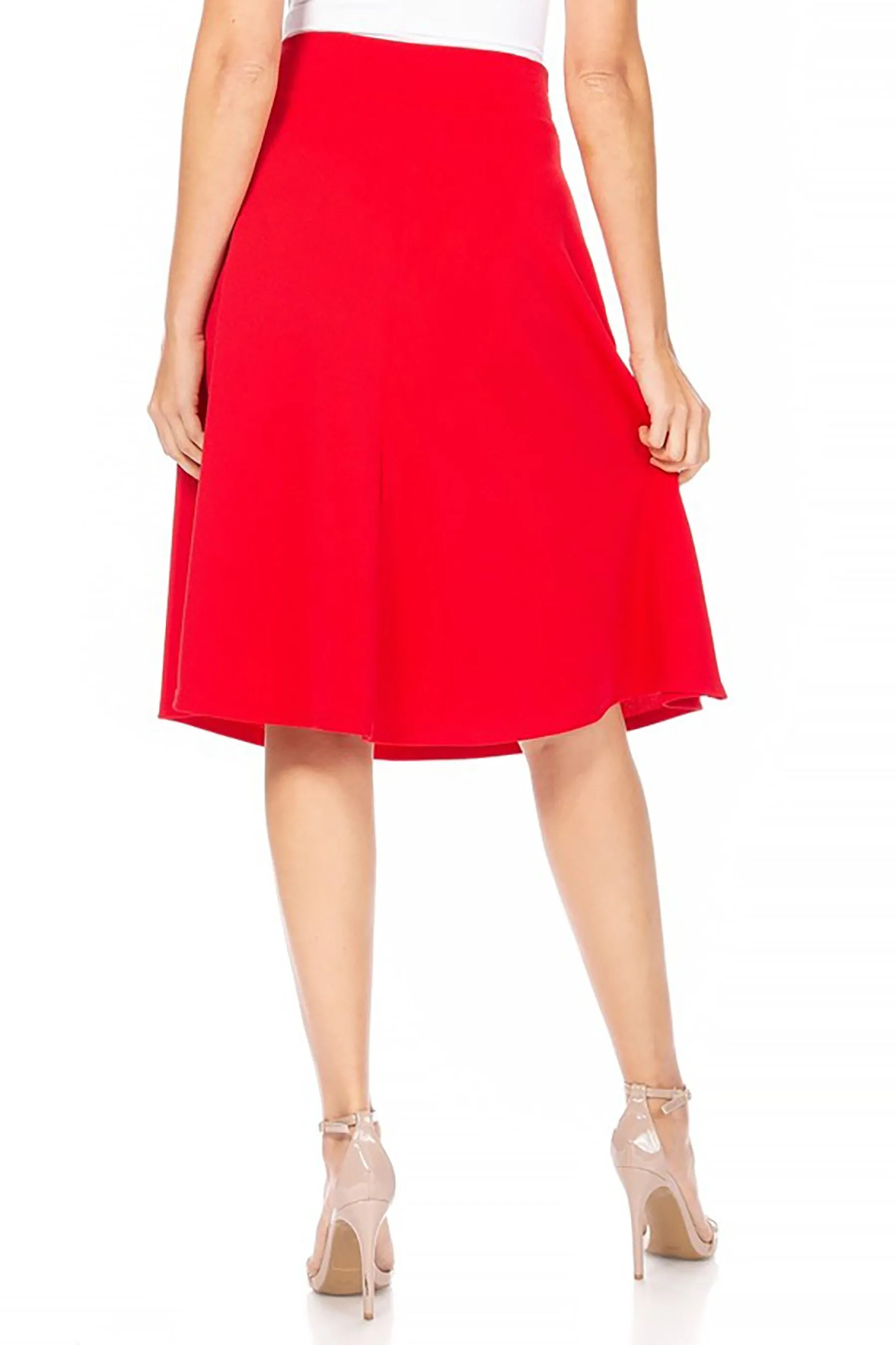 Women's Elegant Solid A-Line Midi Skirt with High Waist and Satin Tie Belt