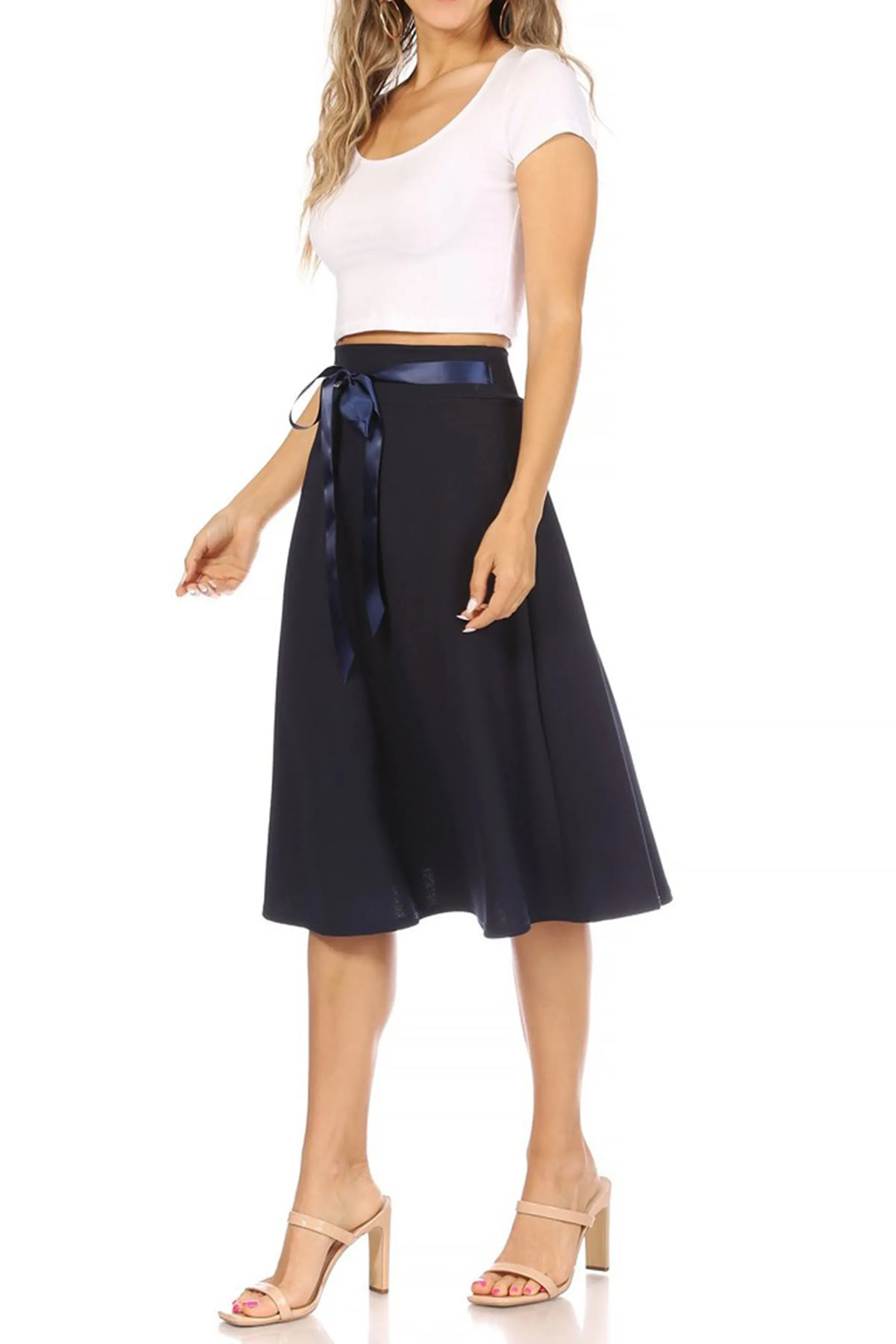 Women's Elegant Solid A-Line Midi Skirt with High Waist and Satin Tie Belt