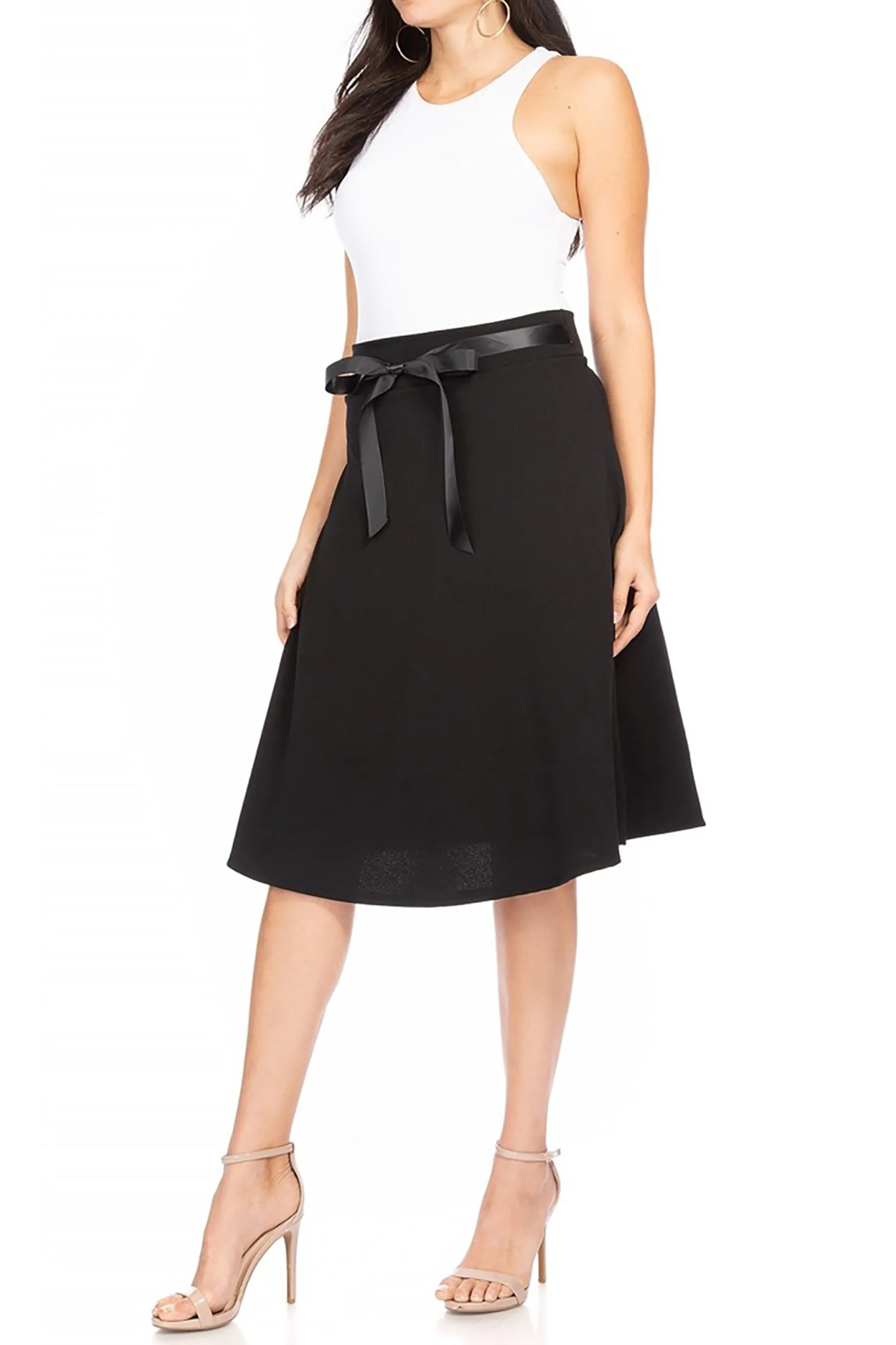 Women's Elegant Solid A-Line Midi Skirt with High Waist and Satin Tie Belt