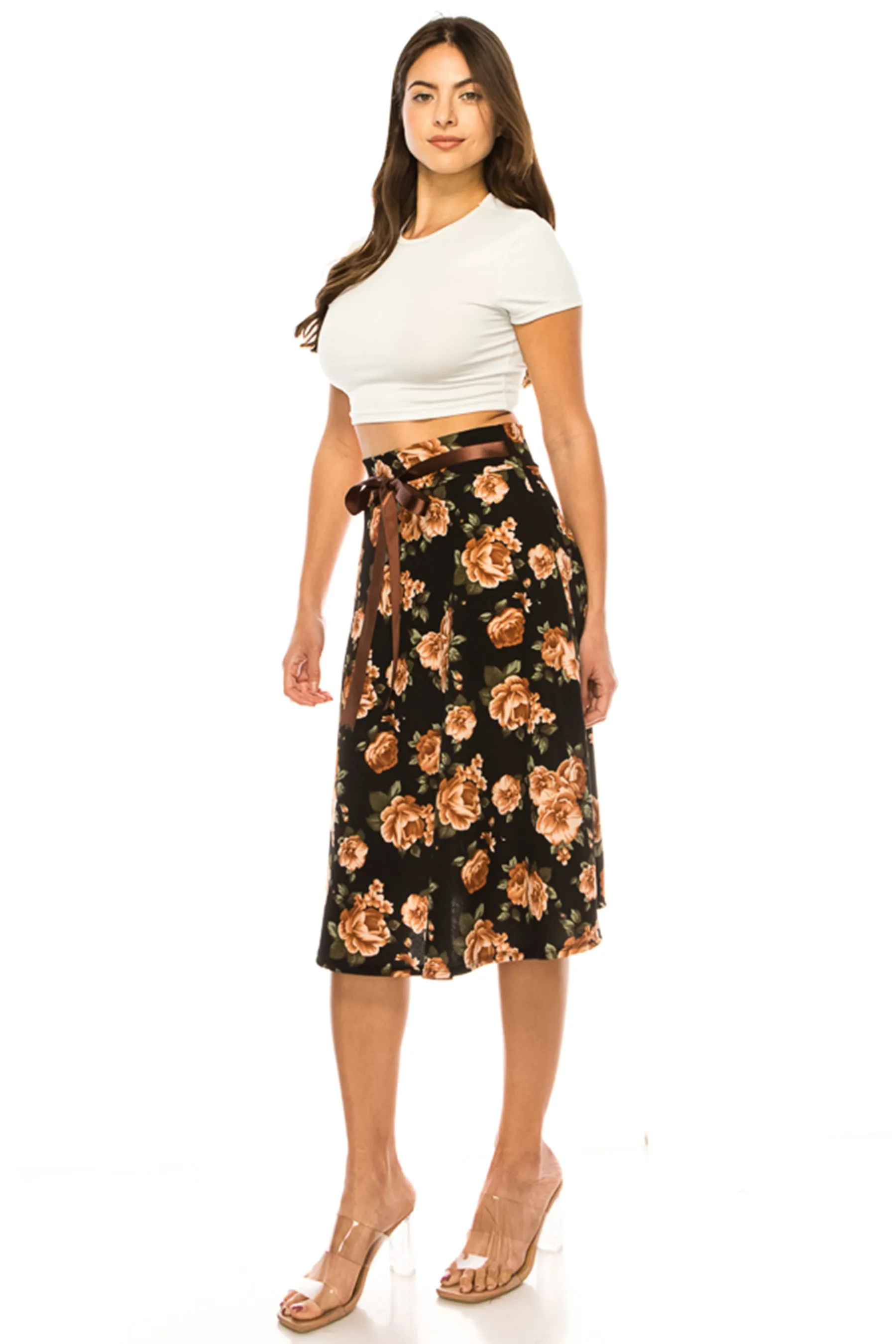 Women's Elegant Solid A-Line Midi Skirt with High Waist and Satin Tie Belt