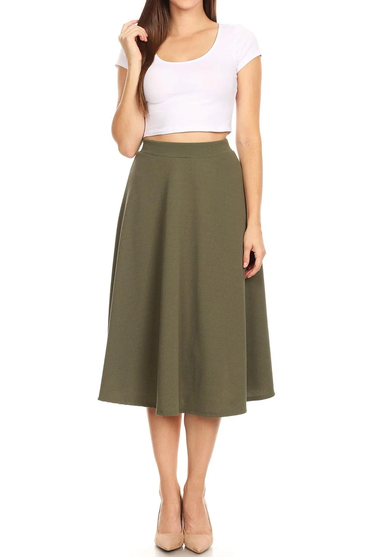 Women's Flared Lightweight Elastic Midi A-line Skirt