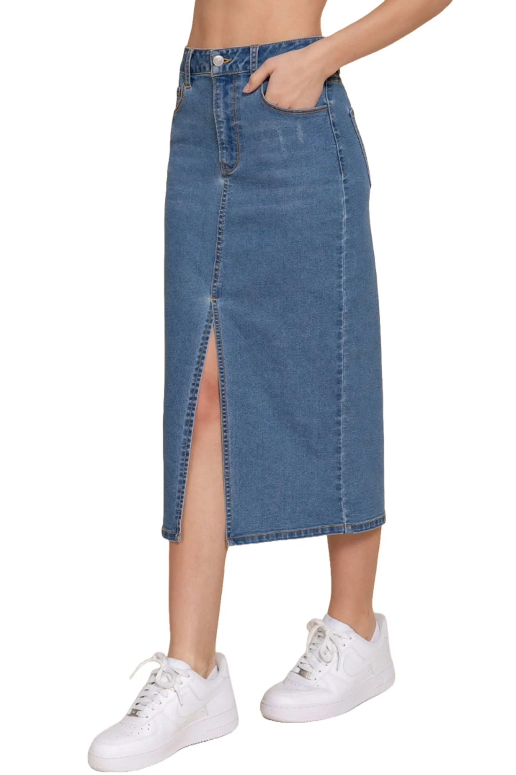 Women's Front Slit Midi Denim Skirt Soft Stretch Fabric Casual Chic