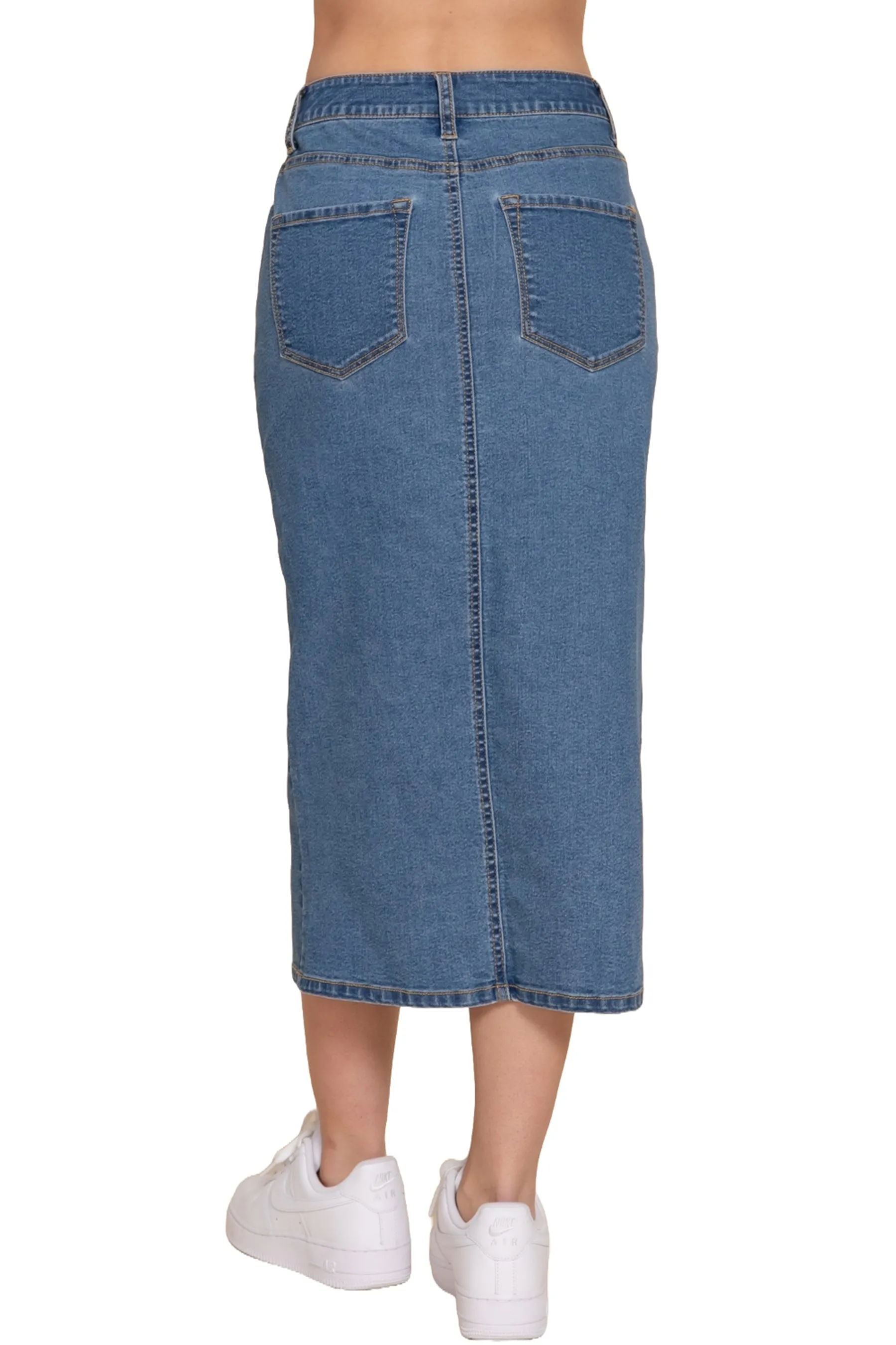 Women's Front Slit Midi Denim Skirt Soft Stretch Fabric Casual Chic