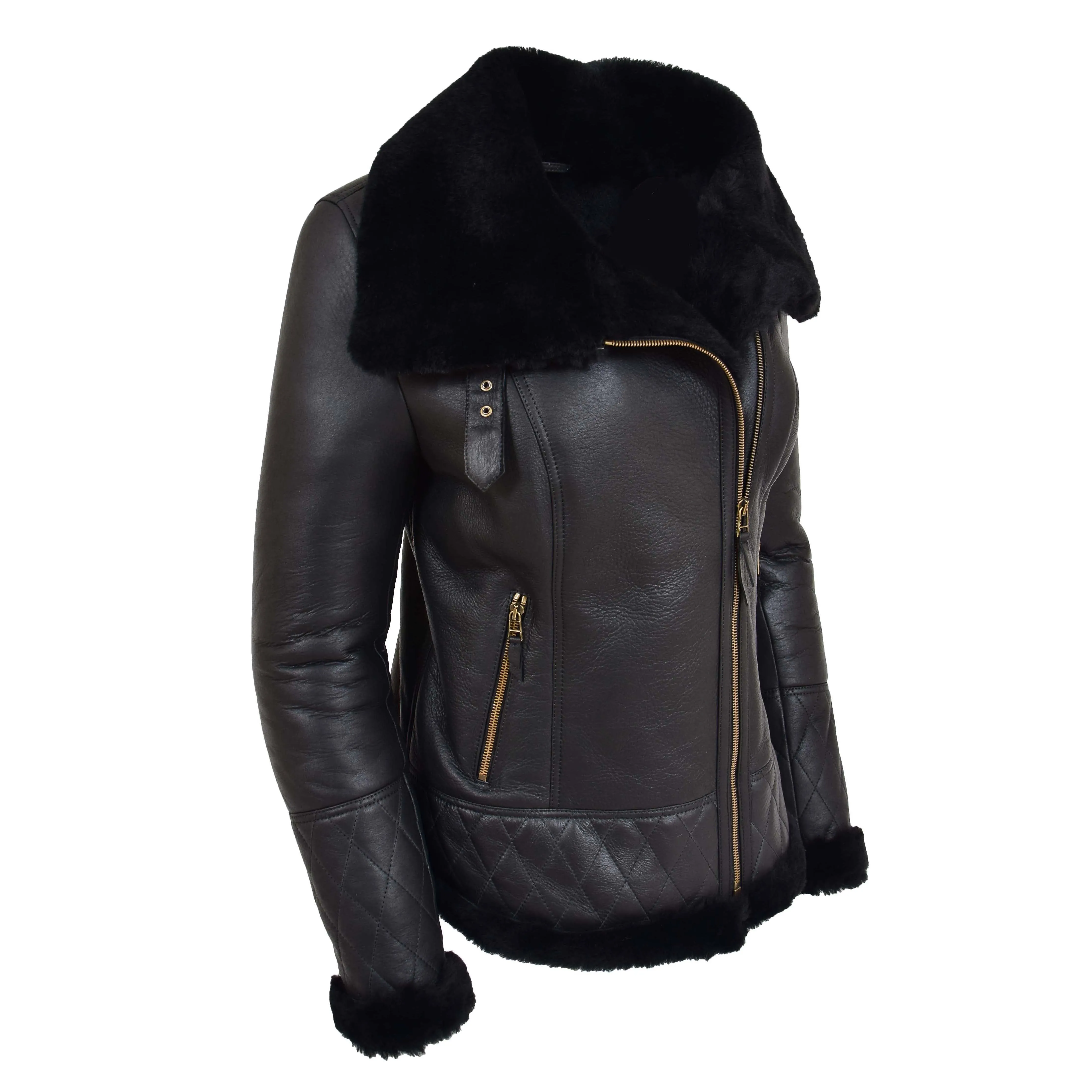 Womens Merino Sheepskin Aviator Jacket Isabelle Black