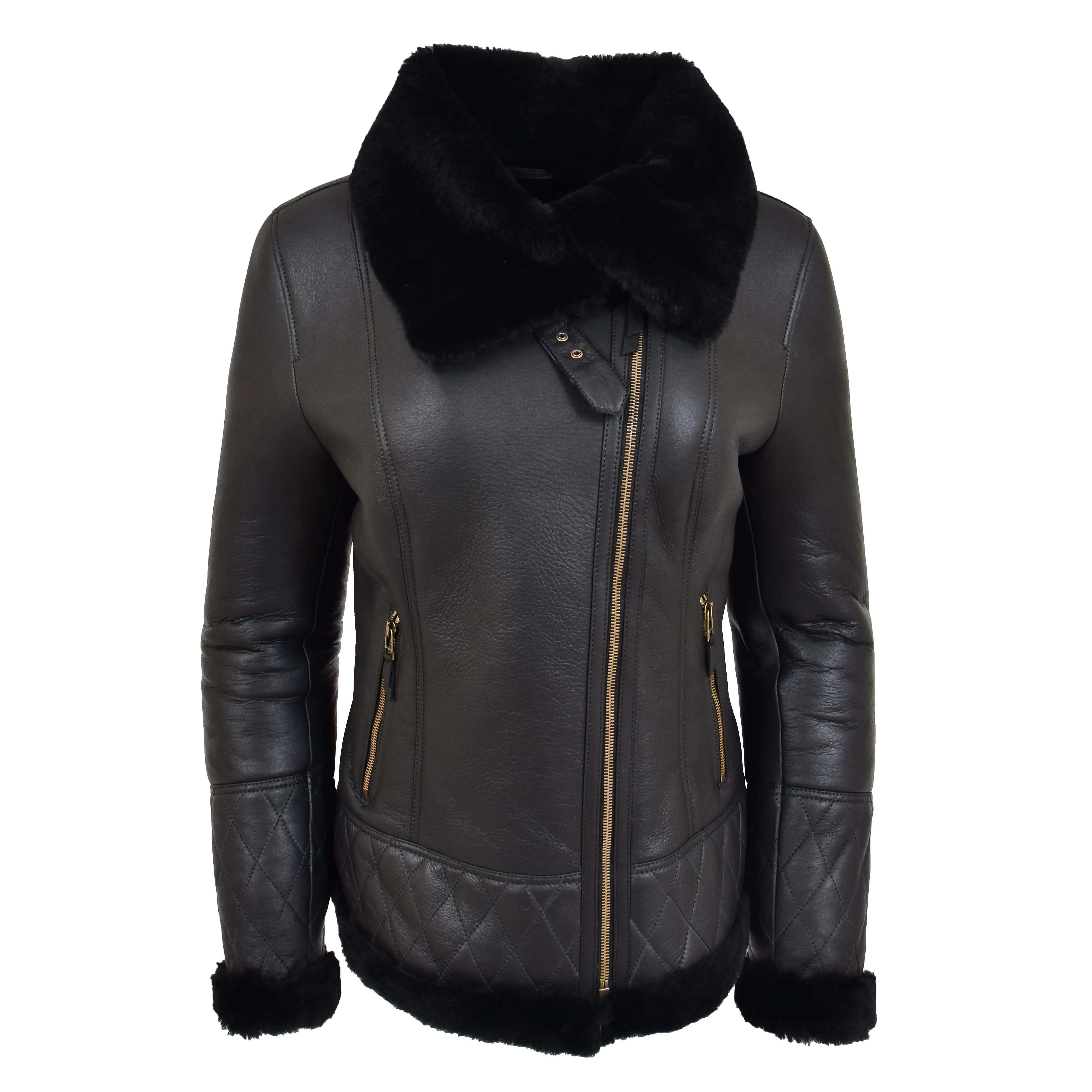 Womens Merino Sheepskin Aviator Jacket Isabelle Black