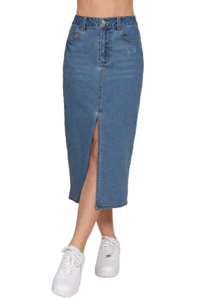 Women's Midi Denim Skirt with Front Middle Slit - Chic and Versatile