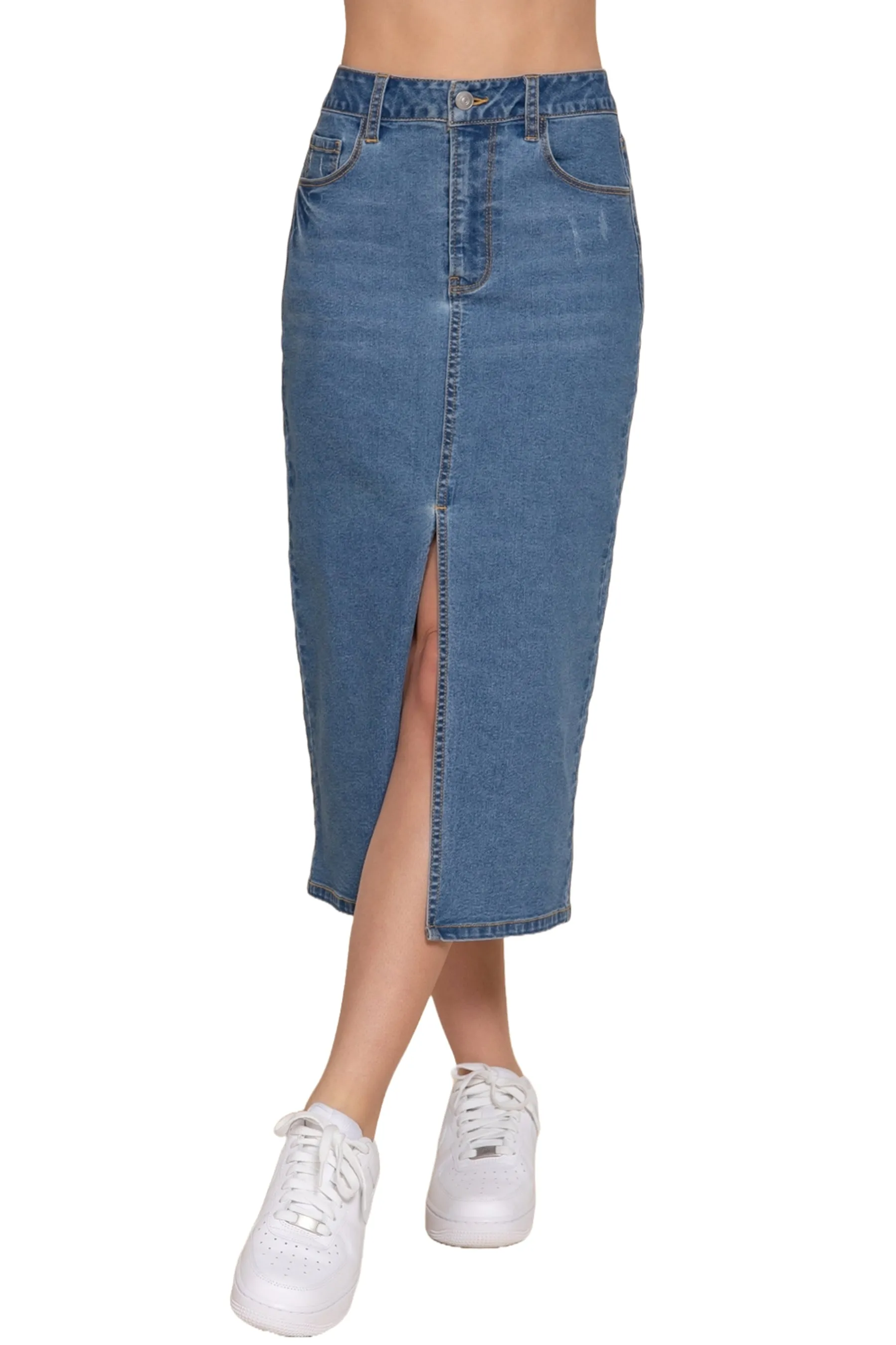 Women's Midi Denim Skirt with Front Middle Slit - Chic and Versatile