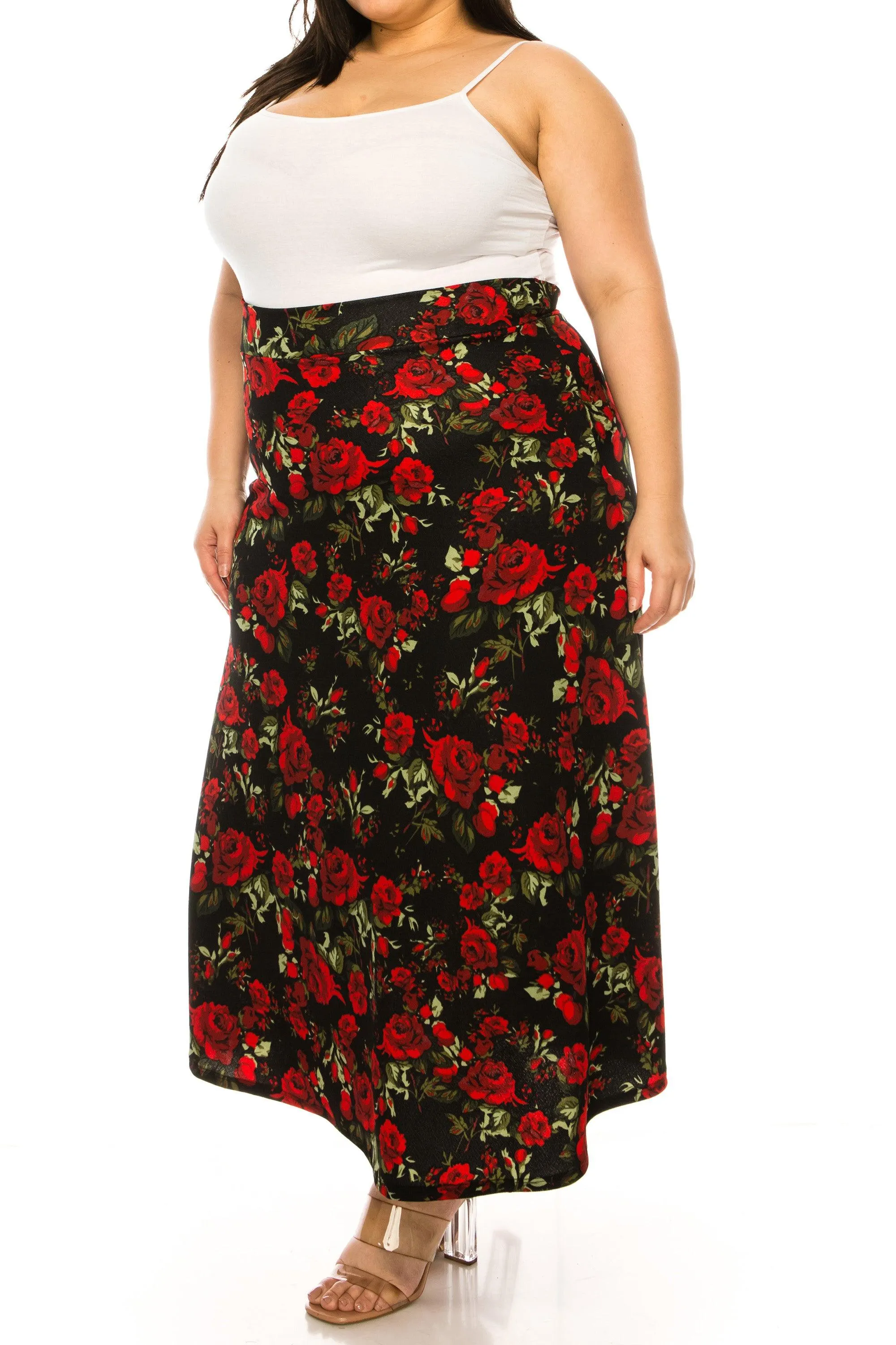 Women's Plus Size Floral Print Flare A-line Midi Skirt with Elastic Waistband