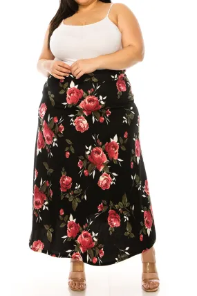 Women's Plus Size Floral Print Flare A-line Midi Skirt with Elastic Waistband