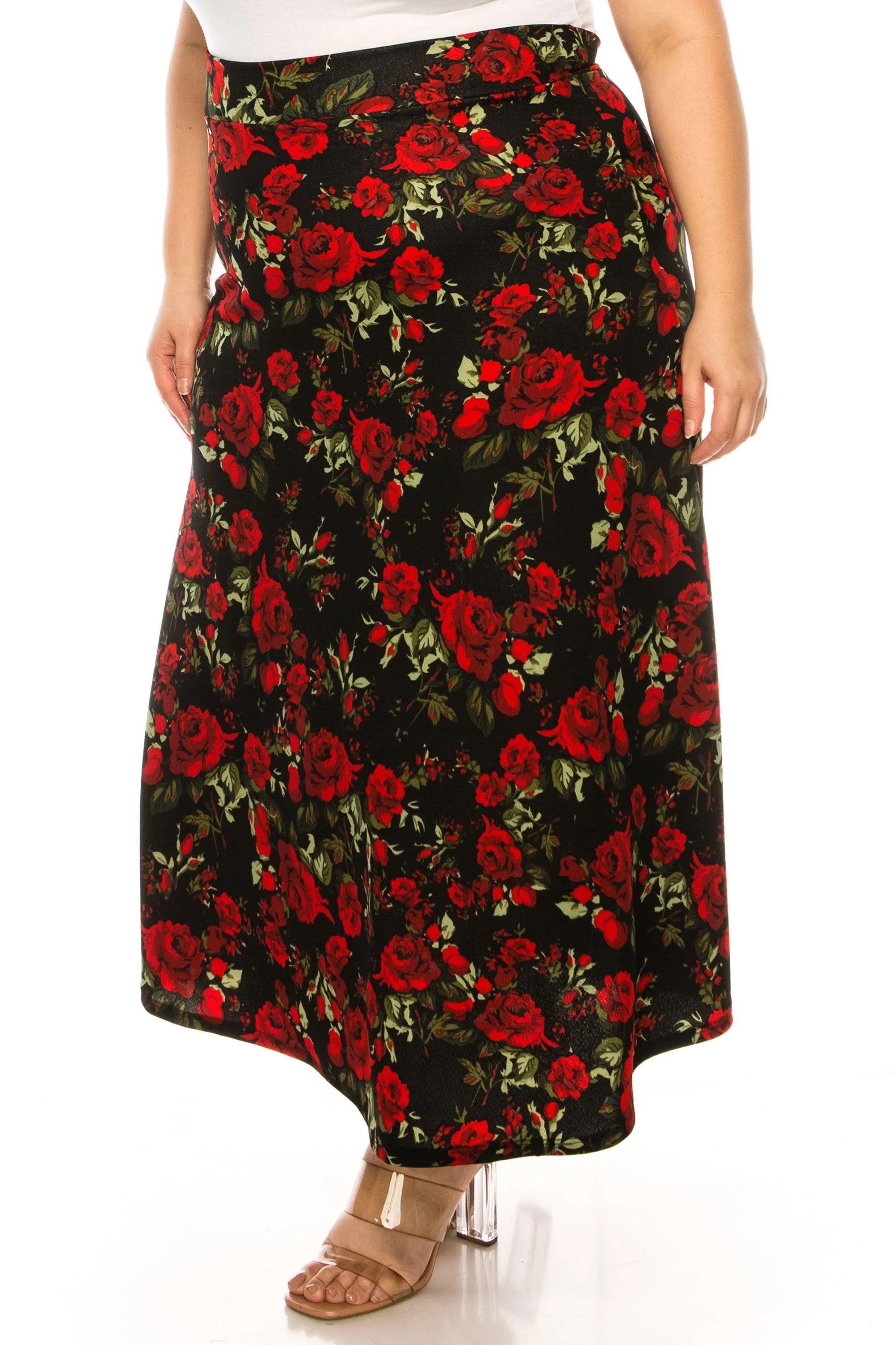 Women's Plus Size Floral Print Flare A-line Midi Skirt with Elastic Waistband