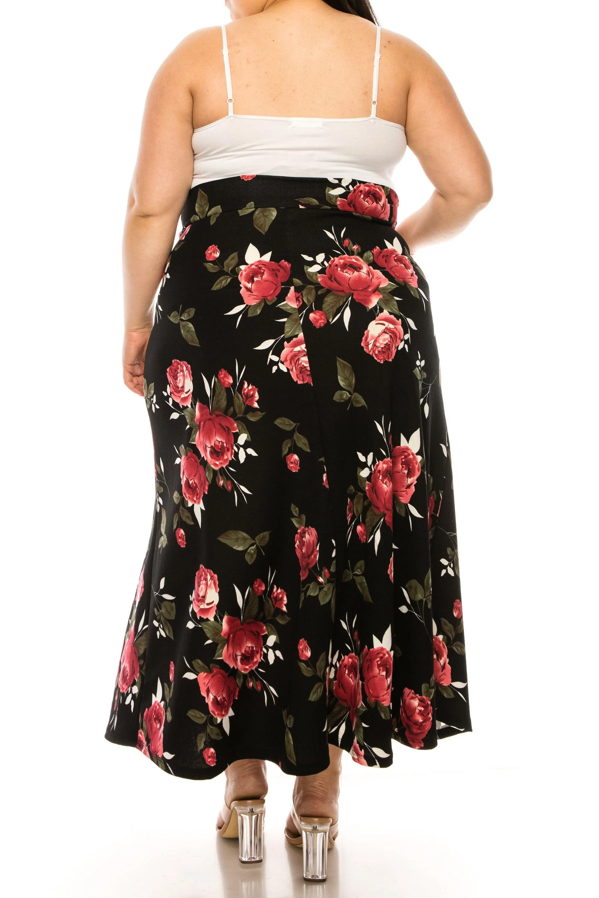 Women's Plus Size Floral Print Flare A-line Midi Skirt with Elastic Waistband