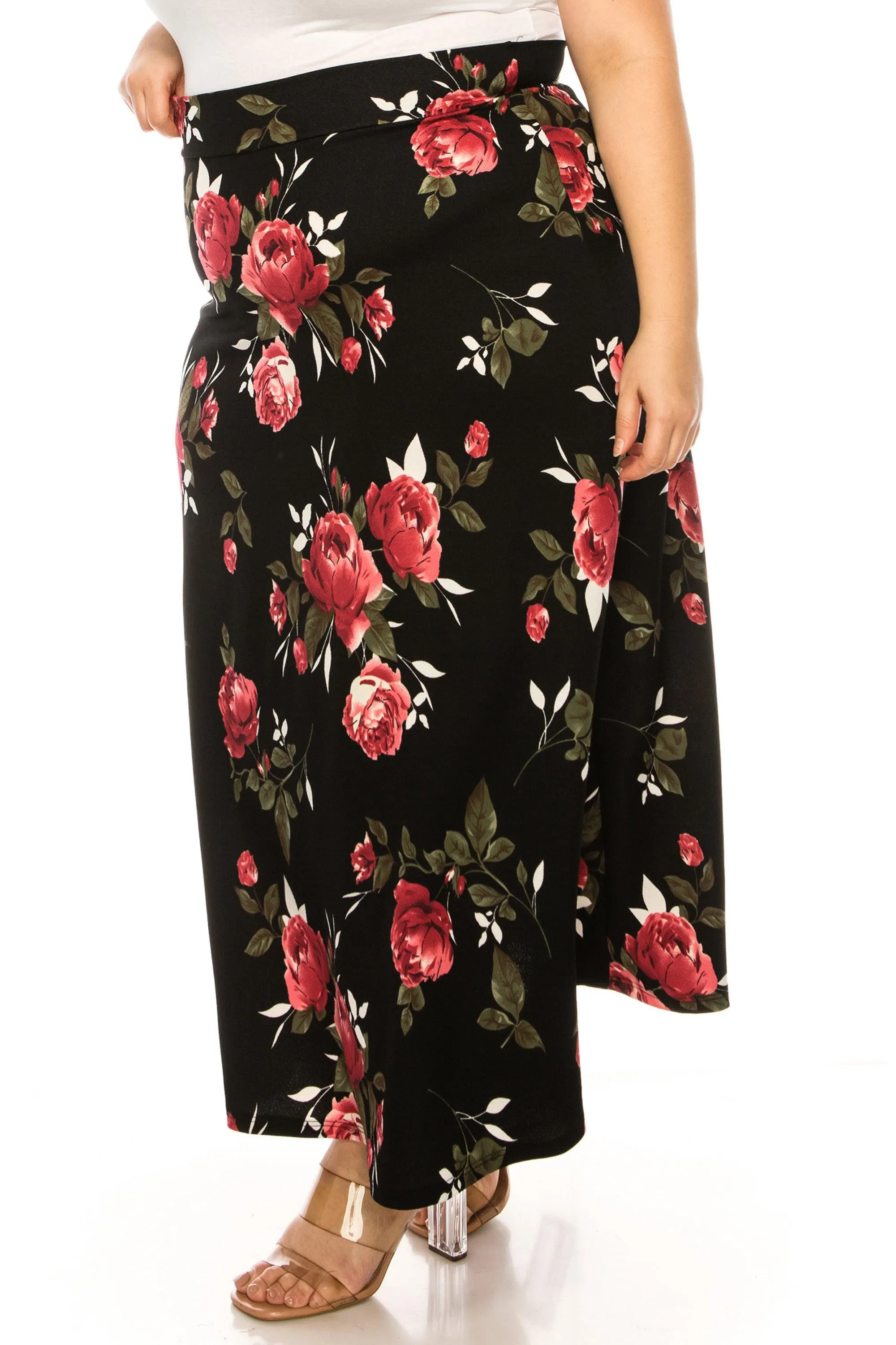 Women's Plus Size Floral Print Flare A-line Midi Skirt with Elastic Waistband