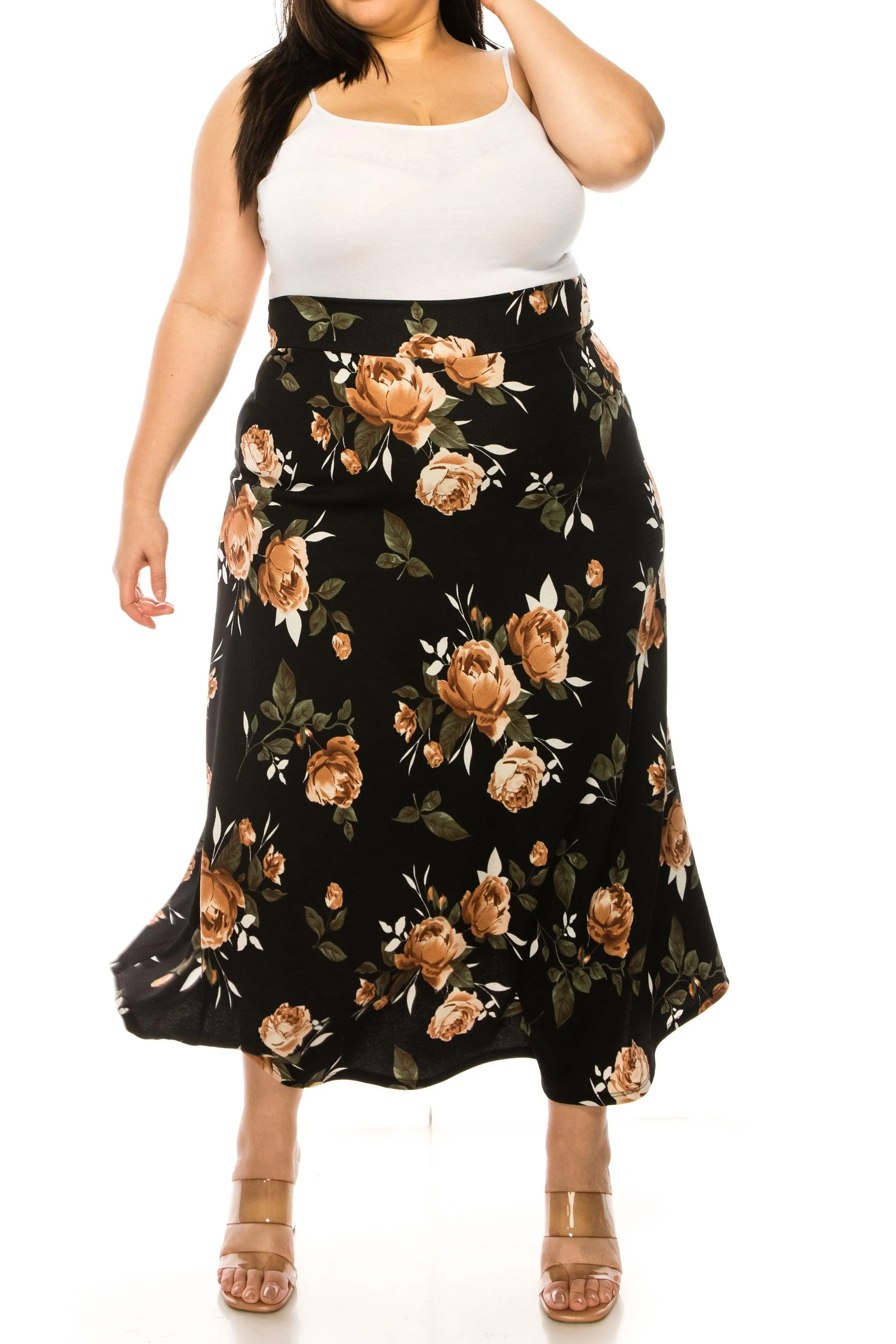 Women's Plus Size Floral Print Flare A-line Midi Skirt with Elastic Waistband