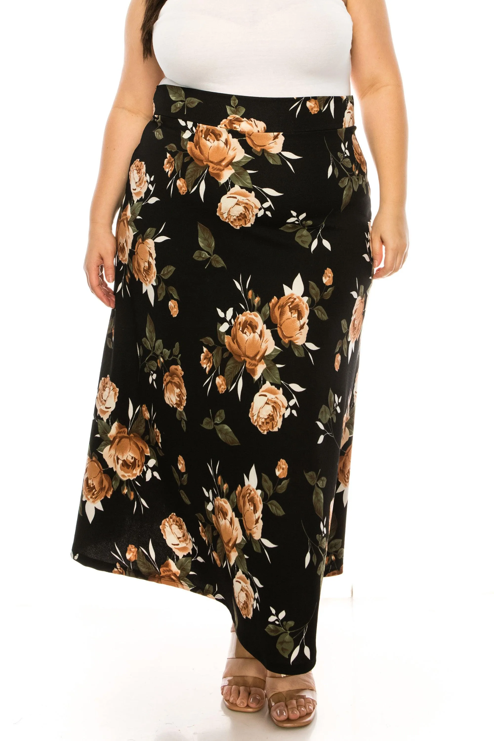 Women's Plus Size Floral Print Flare A-line Midi Skirt with Elastic Waistband