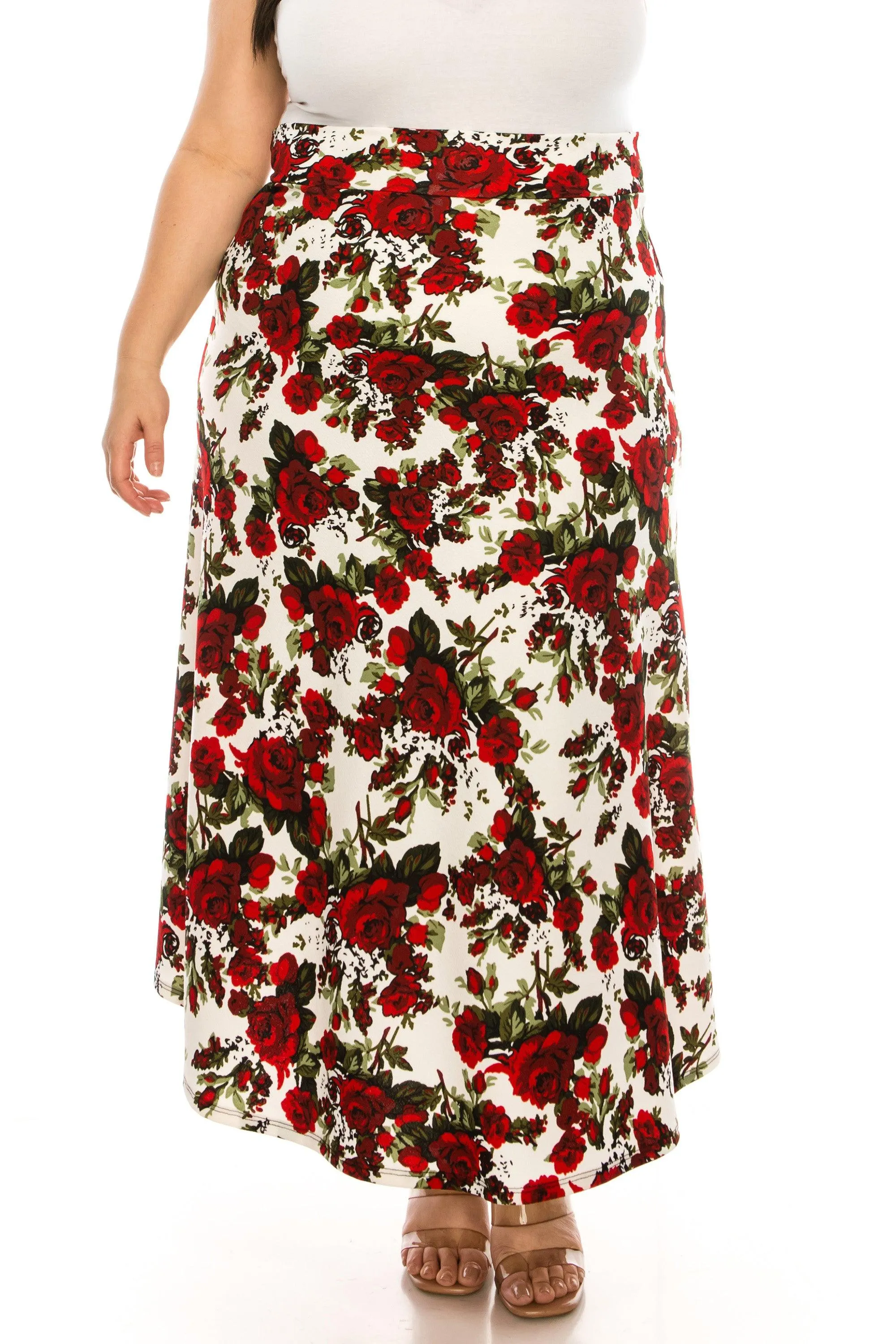 Women's Plus Size Floral Print Flare A-line Midi Skirt with Elastic Waistband