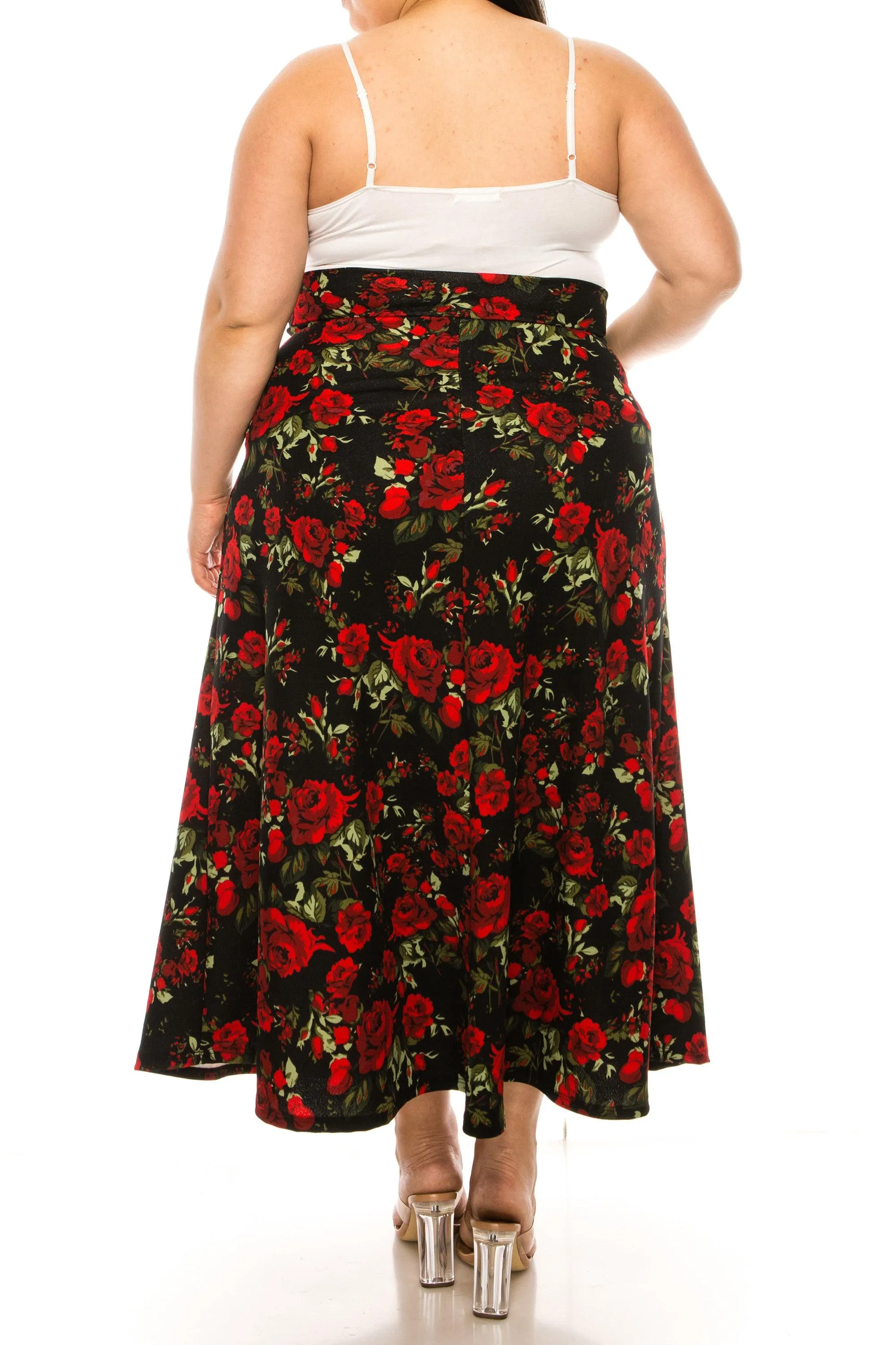 Women's Plus Size Floral Print Flare A-line Midi Skirt with Elastic Waistband