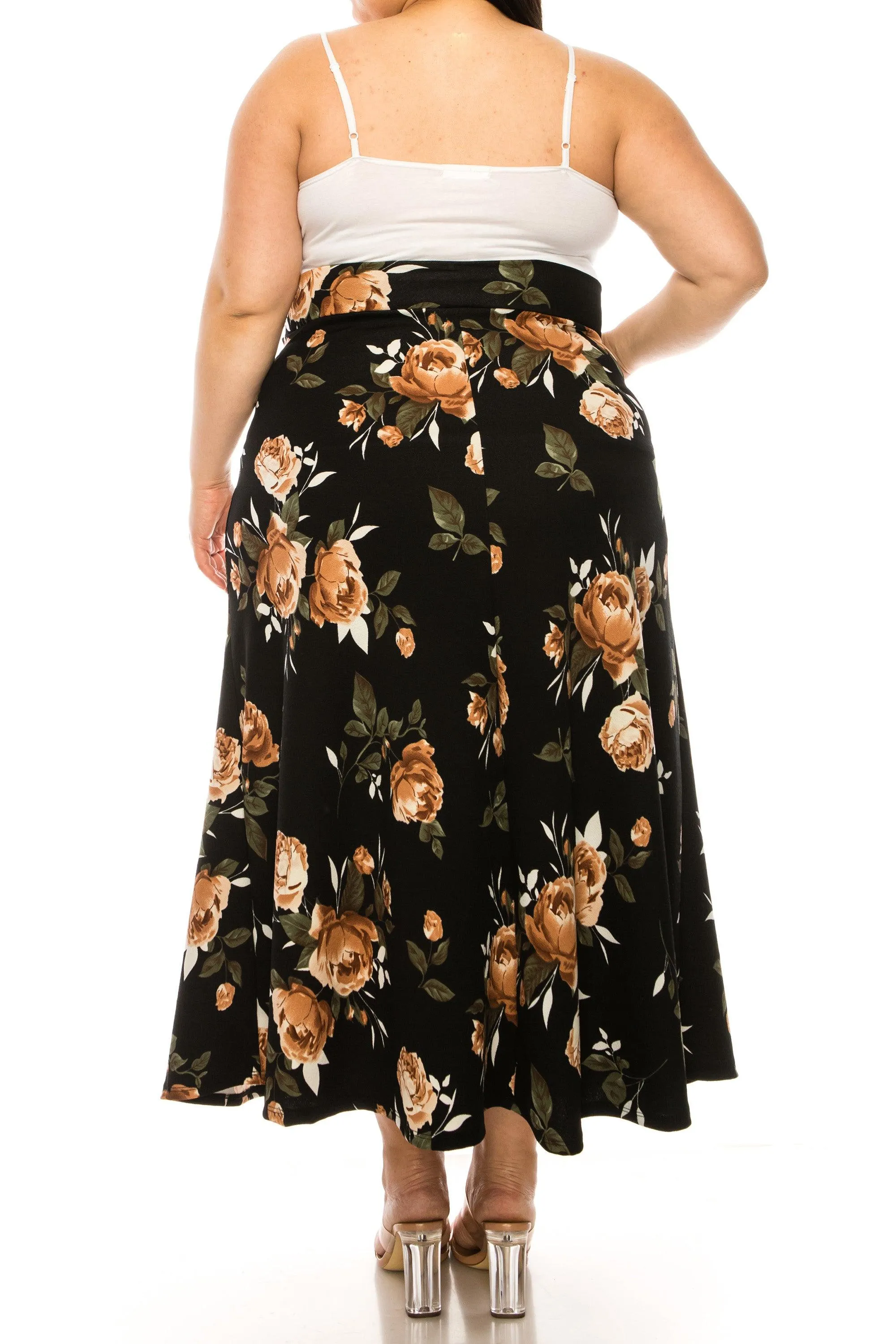 Women's Plus Size Floral Print Flare A-line Midi Skirt with Elastic Waistband