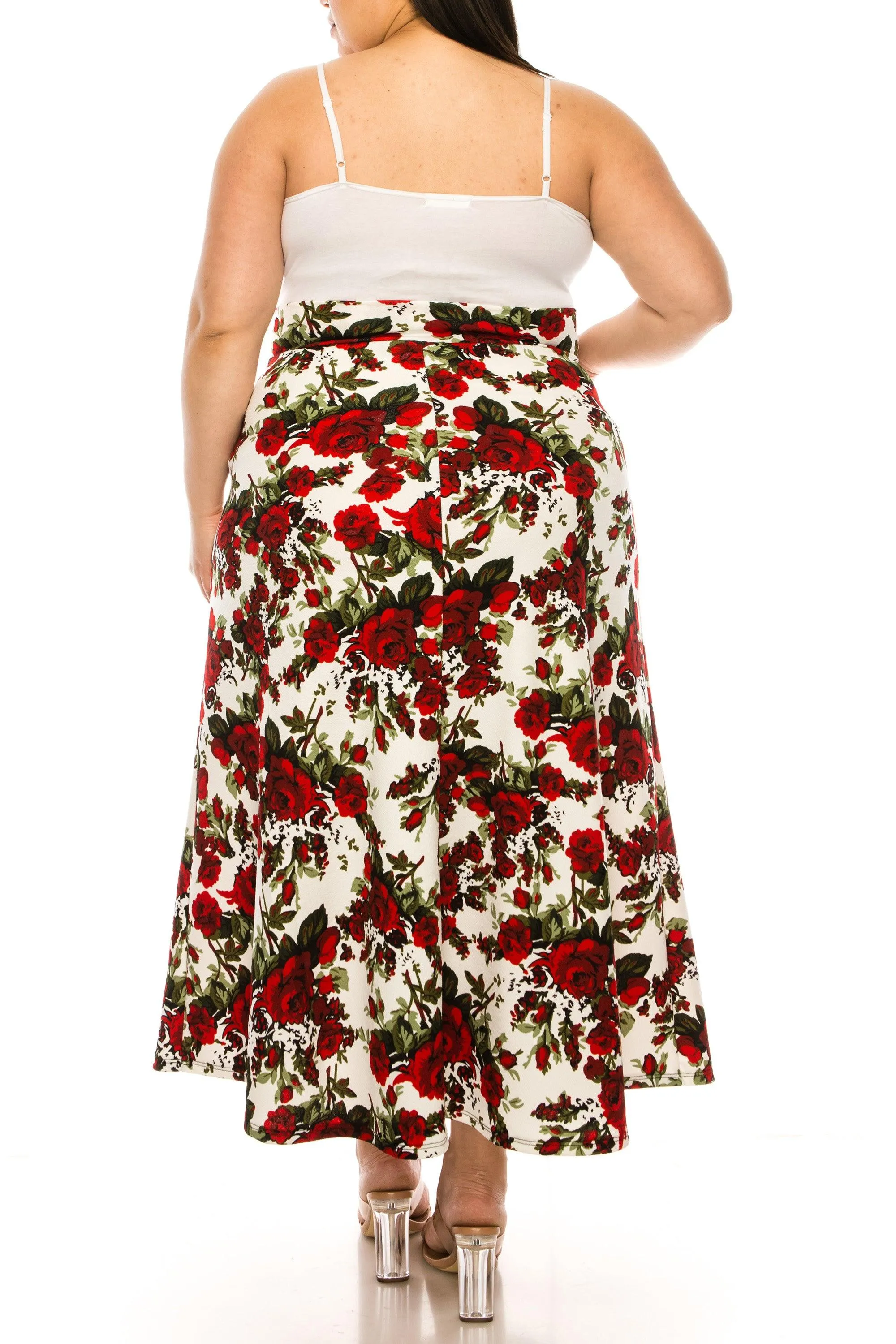 Women's Plus Size Floral Print Flare A-line Midi Skirt with Elastic Waistband