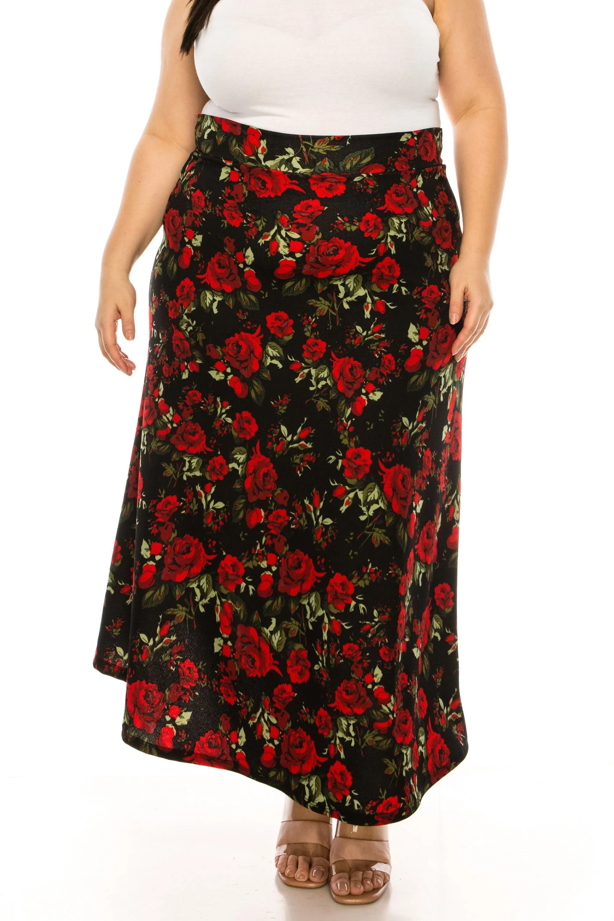 Women's Plus Size Floral Print Flare A-line Midi Skirt with Elastic Waistband