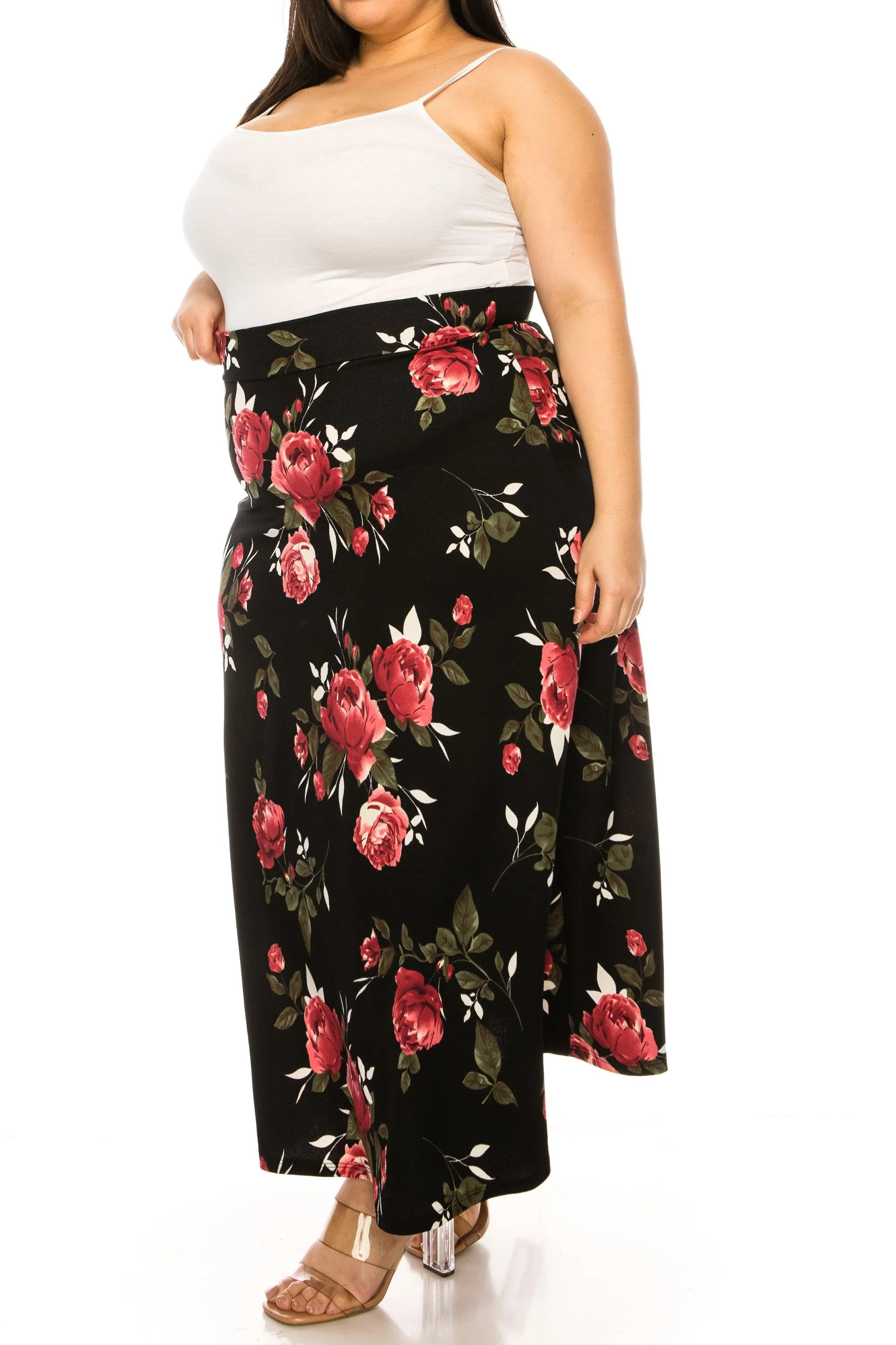 Women's Plus Size Floral Print Flare A-line Midi Skirt with Elastic Waistband