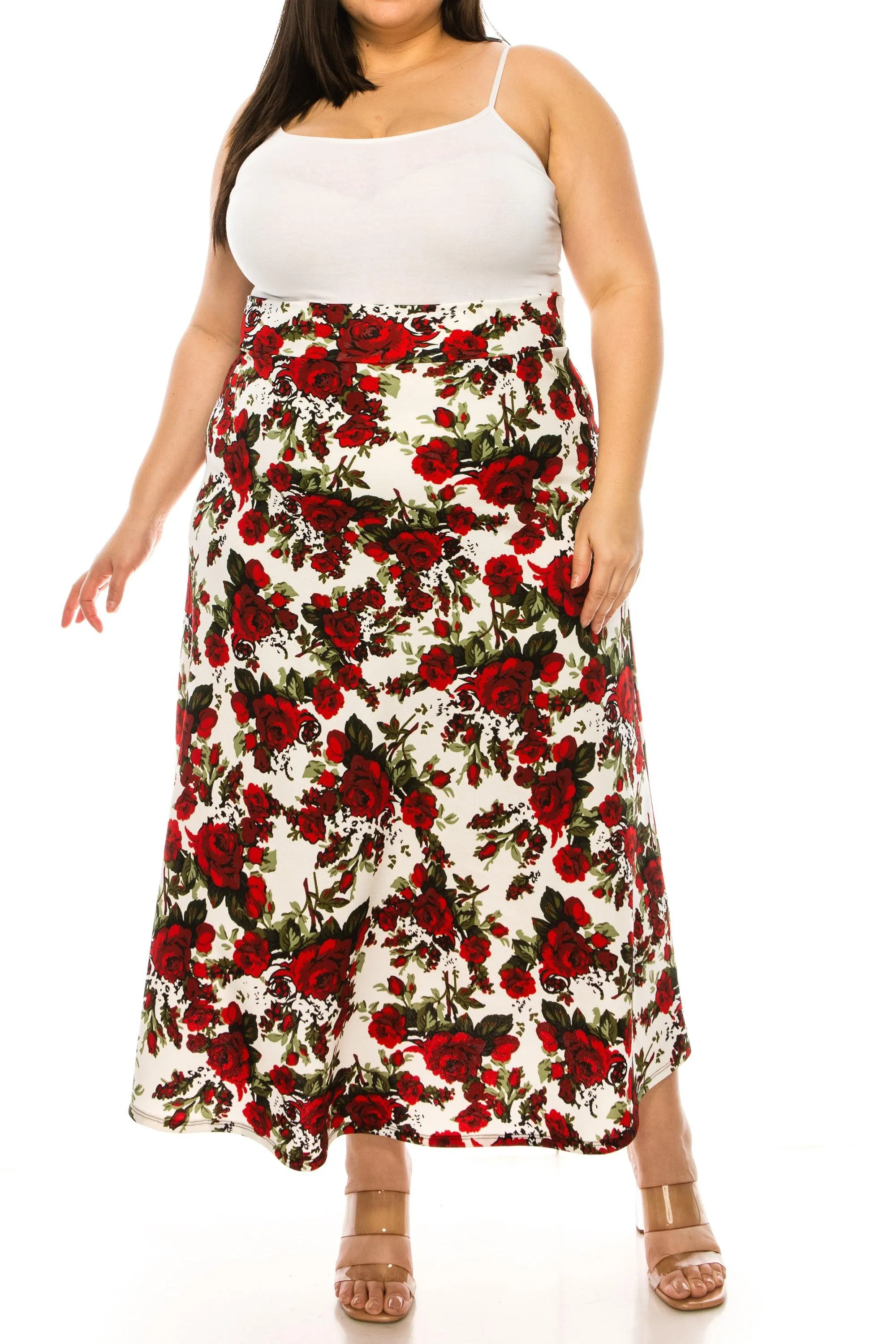 Women's Plus Size Floral Print Flare A-line Midi Skirt with Elastic Waistband