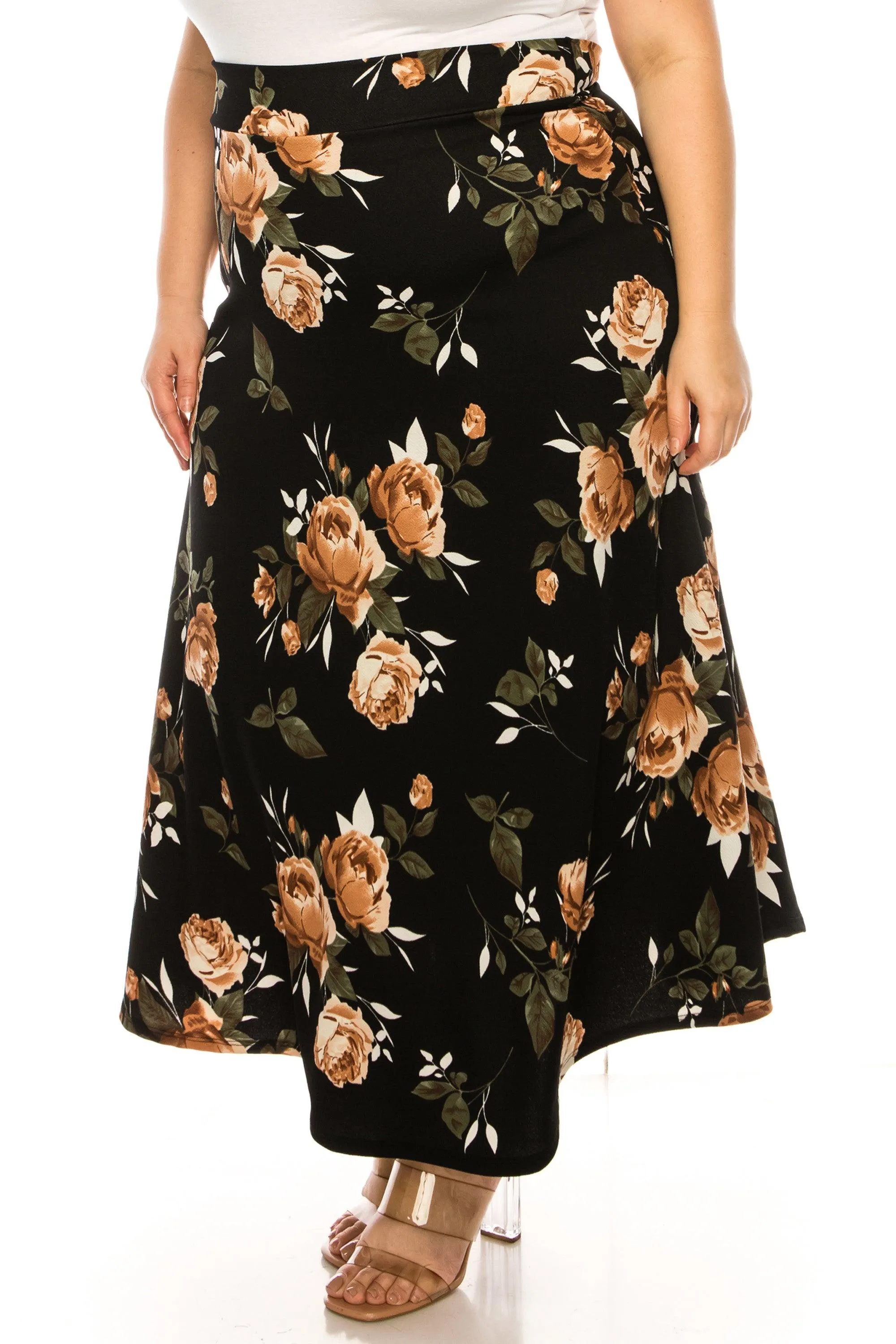 Women's Plus Size Floral Print Flare A-line Midi Skirt with Elastic Waistband