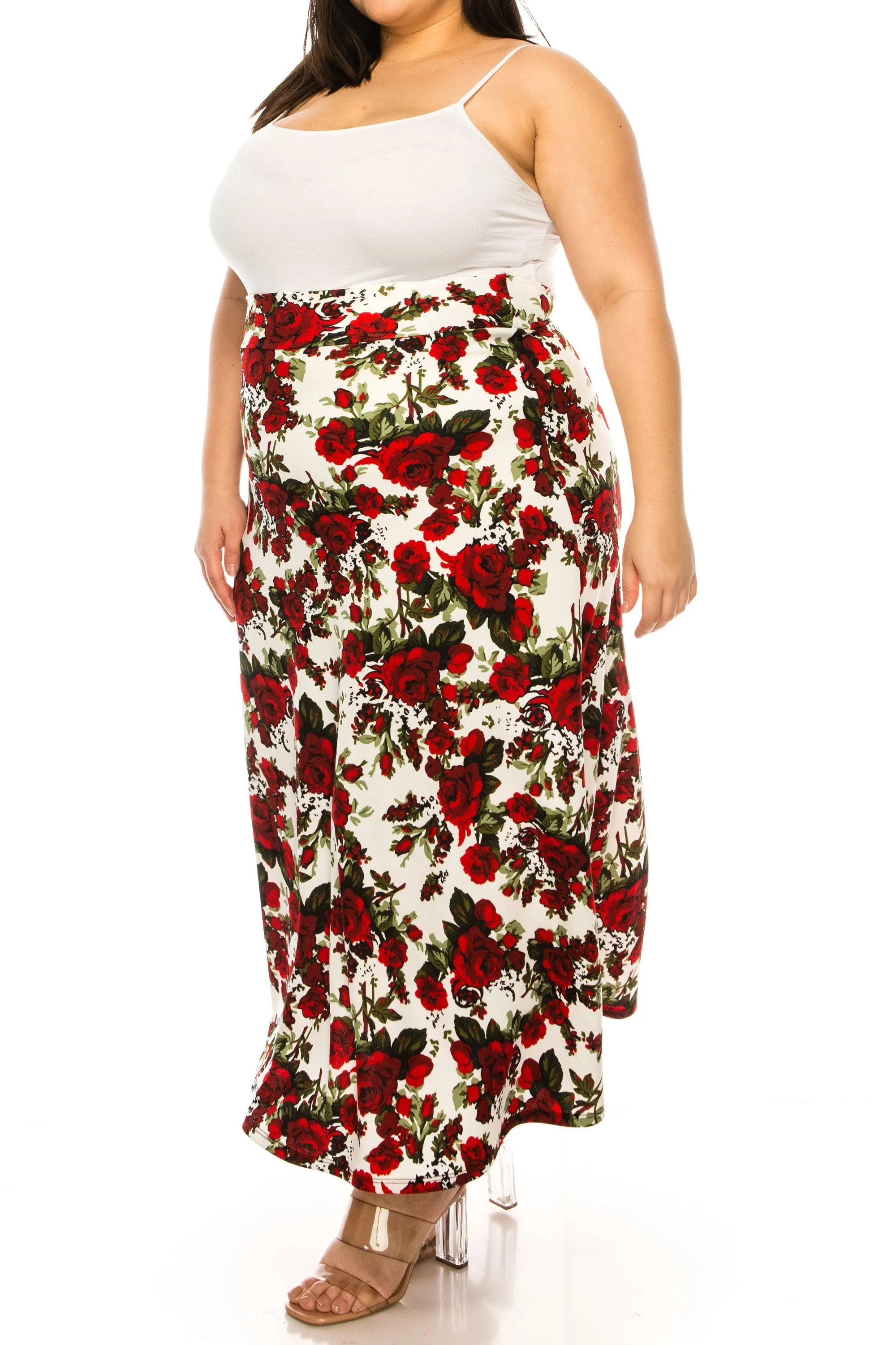 Women's Plus Size Floral Print Flare A-line Midi Skirt with Elastic Waistband