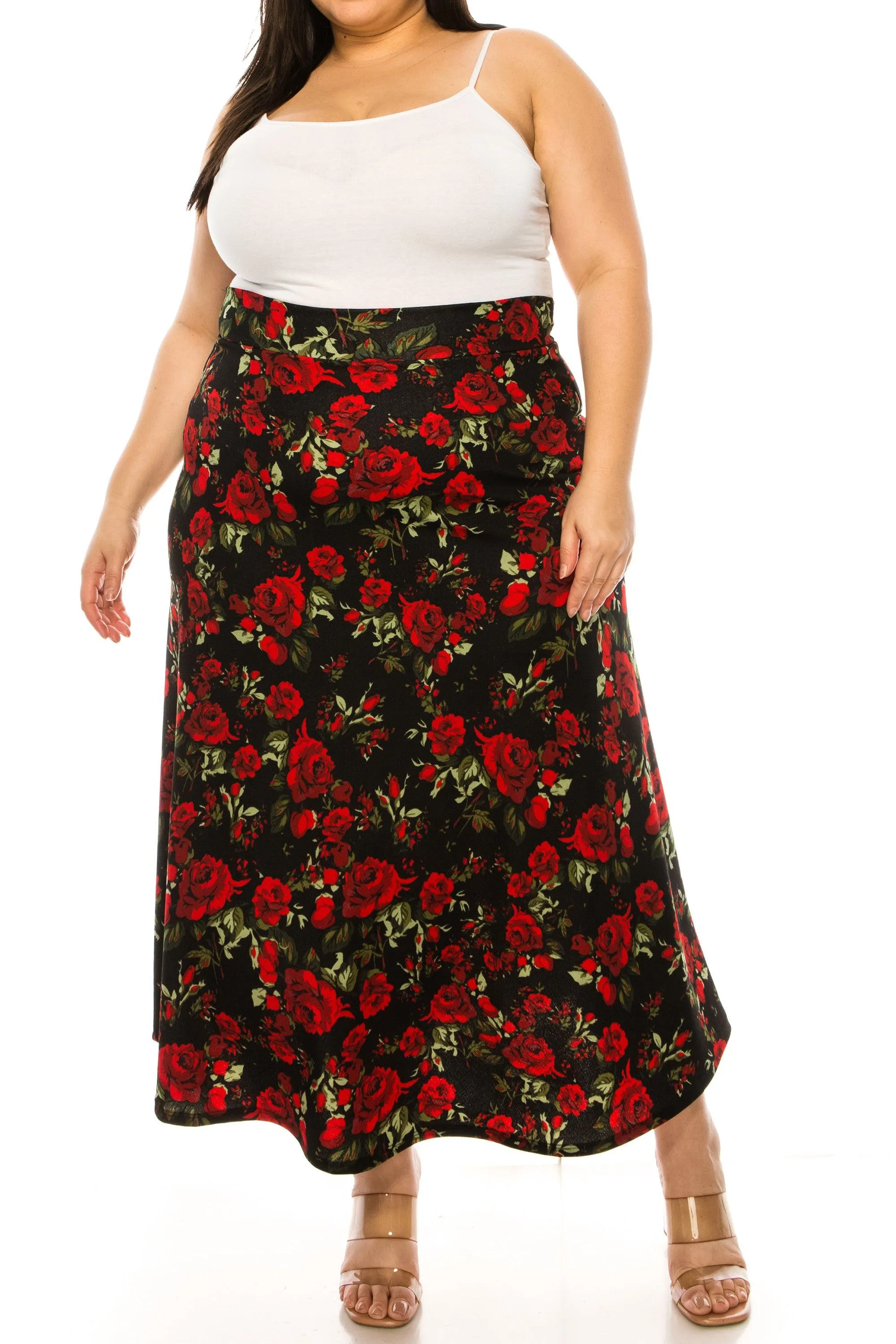 Women's Plus Size Floral Print Flare A-line Midi Skirt with Elastic Waistband