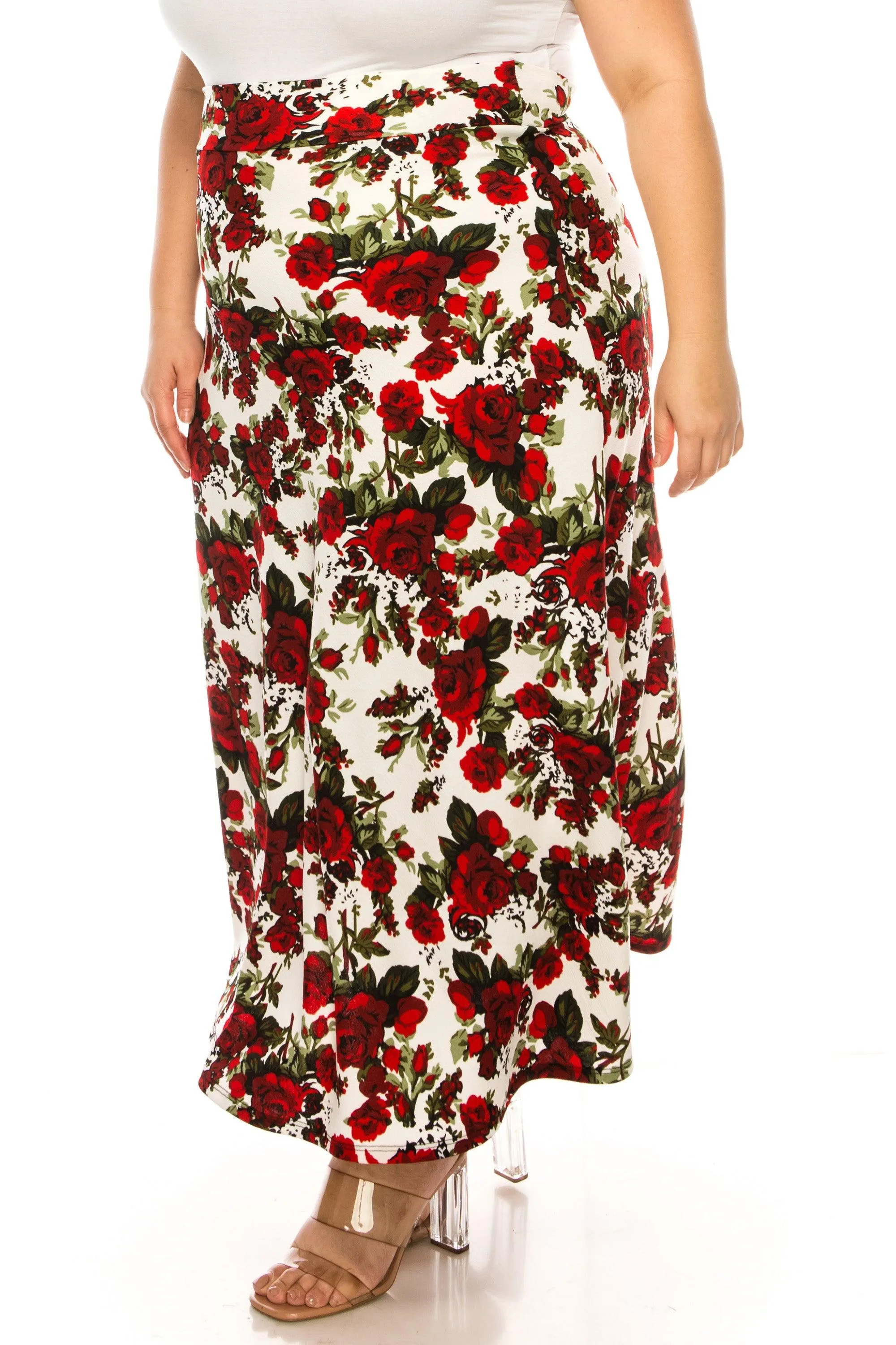 Women's Plus Size Floral Print Flare A-line Midi Skirt with Elastic Waistband