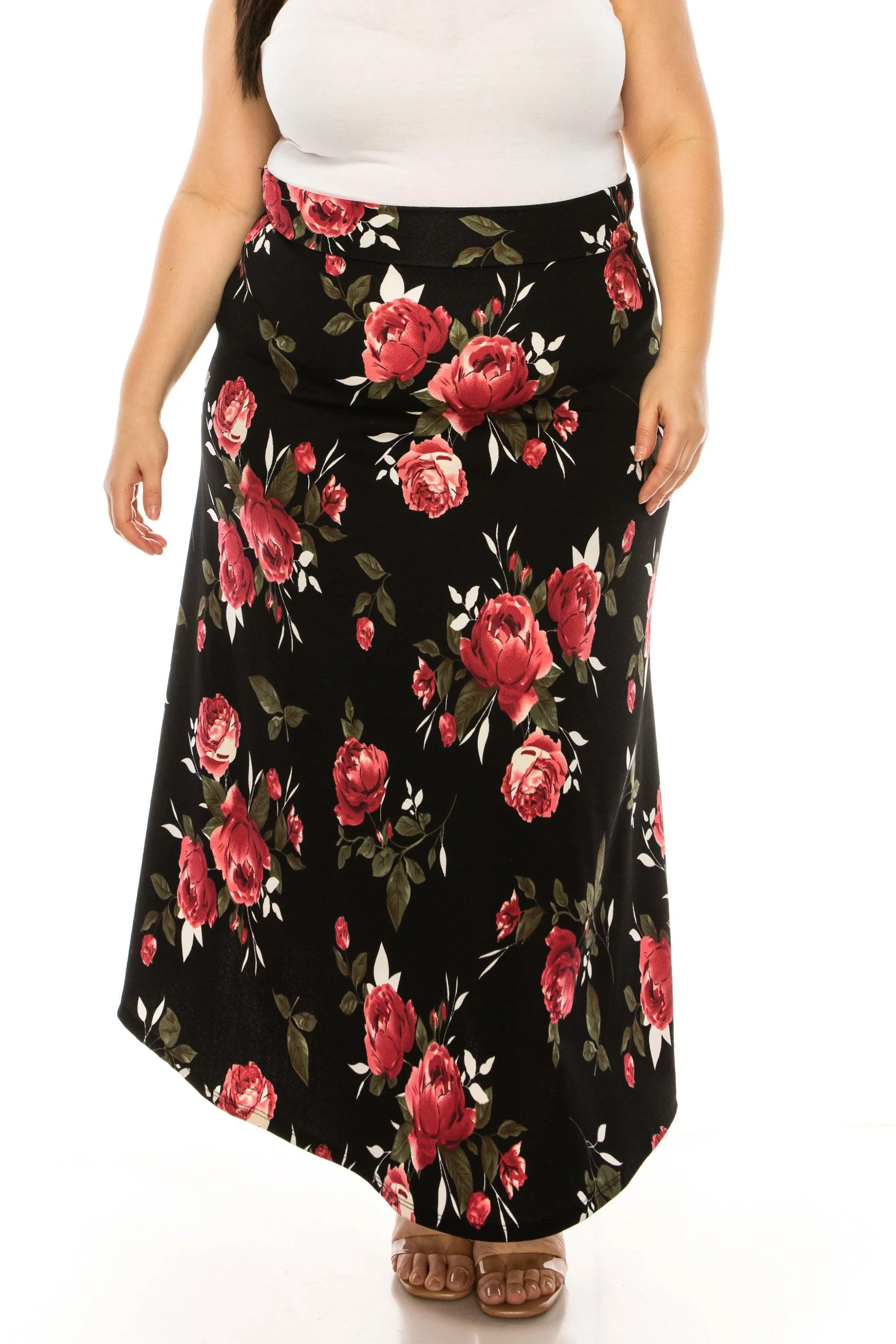 Women's Plus Size Floral Print Flare A-line Midi Skirt with Elastic Waistband