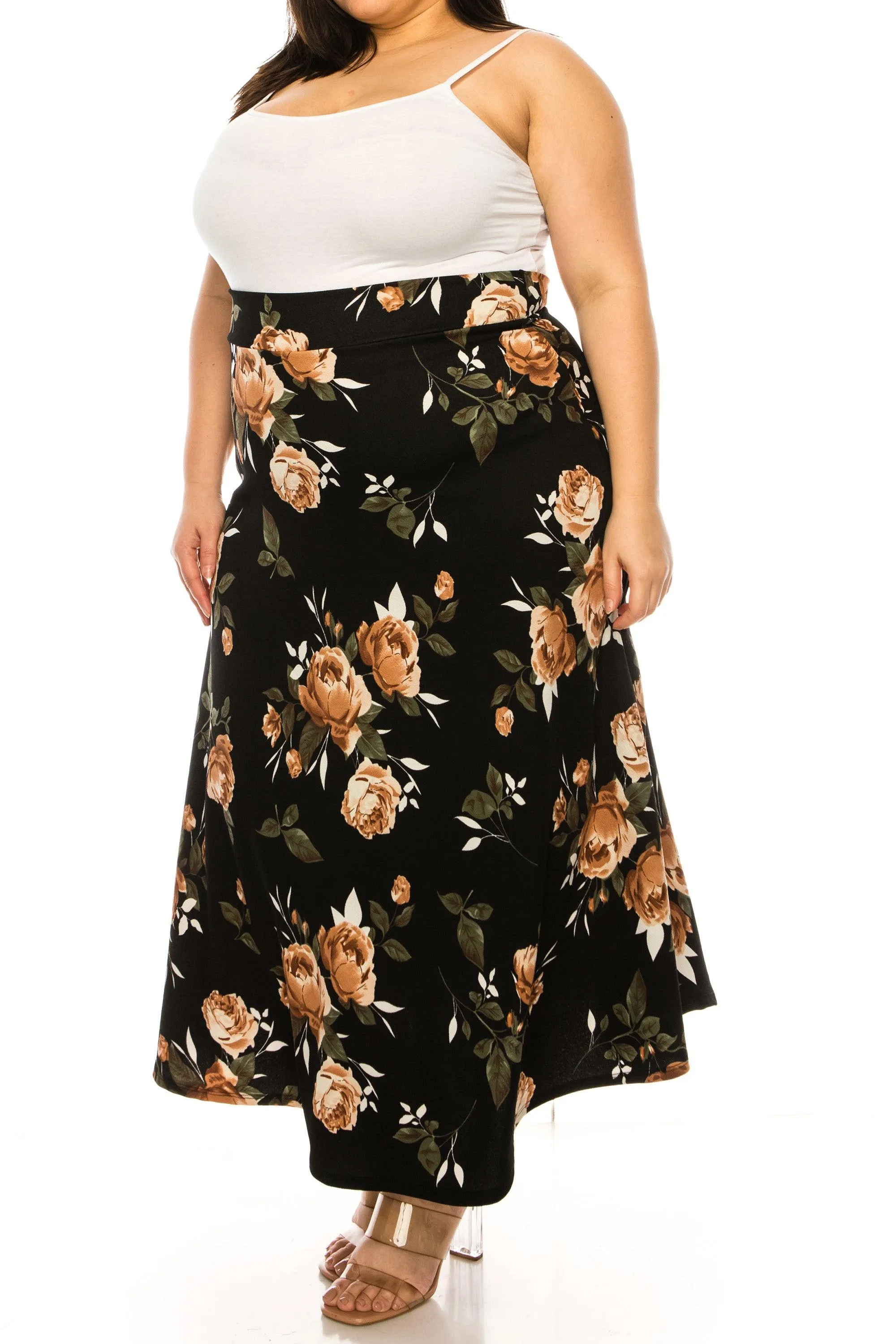 Women's Plus Size Floral Print Flare A-line Midi Skirt with Elastic Waistband