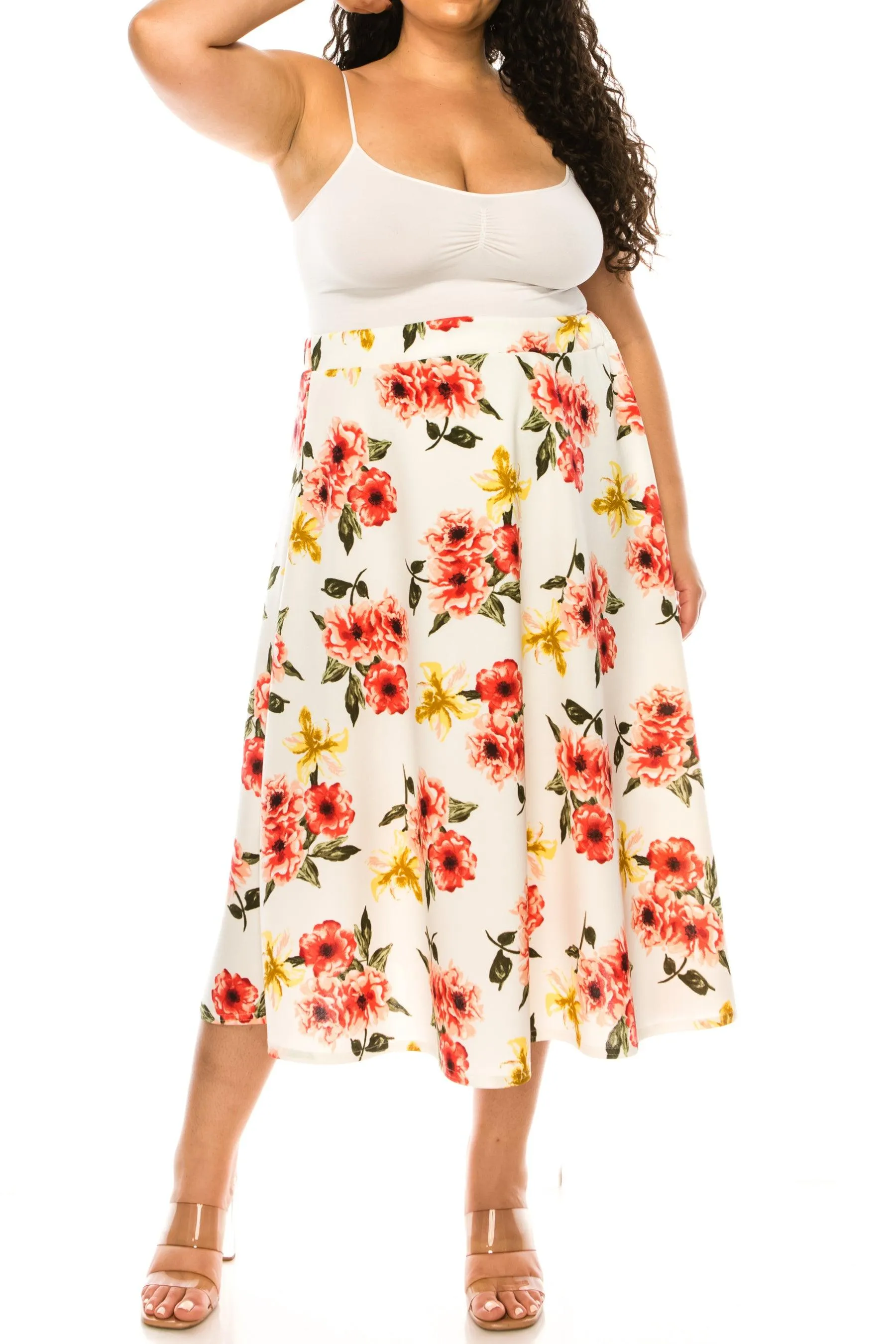 Women's Plus size Floral Printed Elastic Waist A-Line Midi Skirt