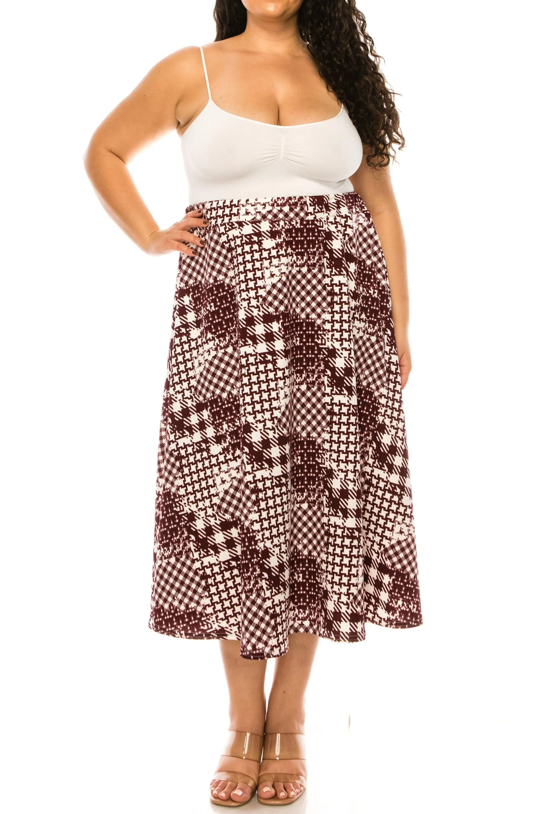 Women's Plus size Floral Printed Elastic Waist A-Line Midi Skirt