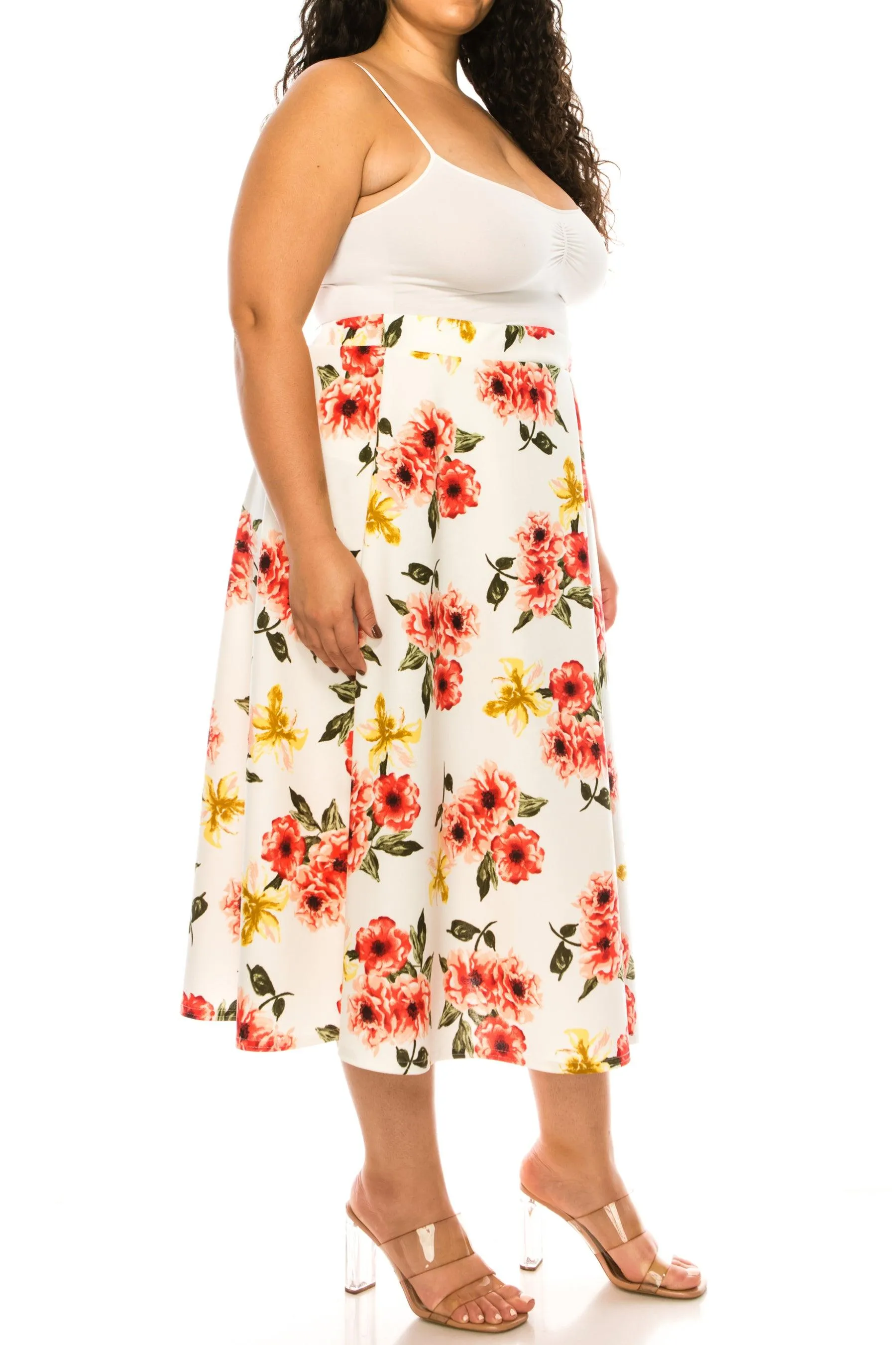 Women's Plus size Floral Printed Elastic Waist A-Line Midi Skirt