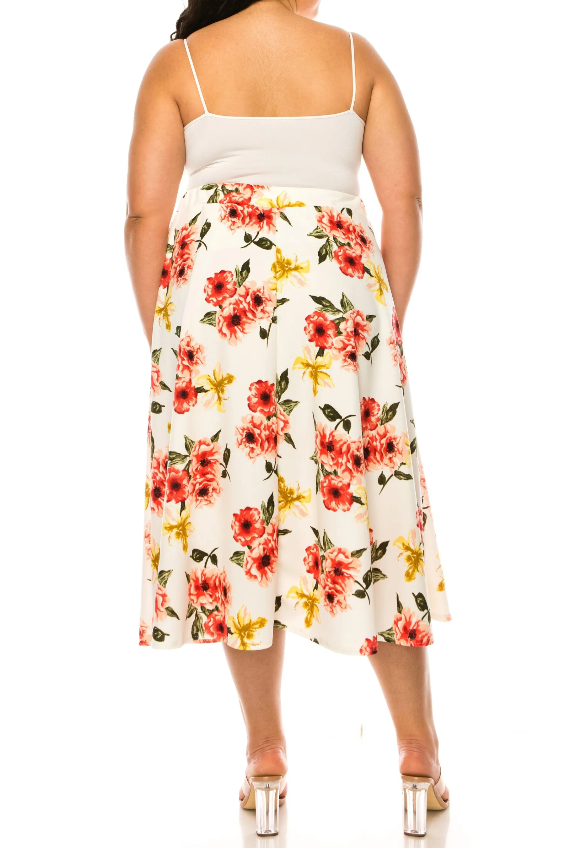 Women's Plus size Floral Printed Elastic Waist A-Line Midi Skirt