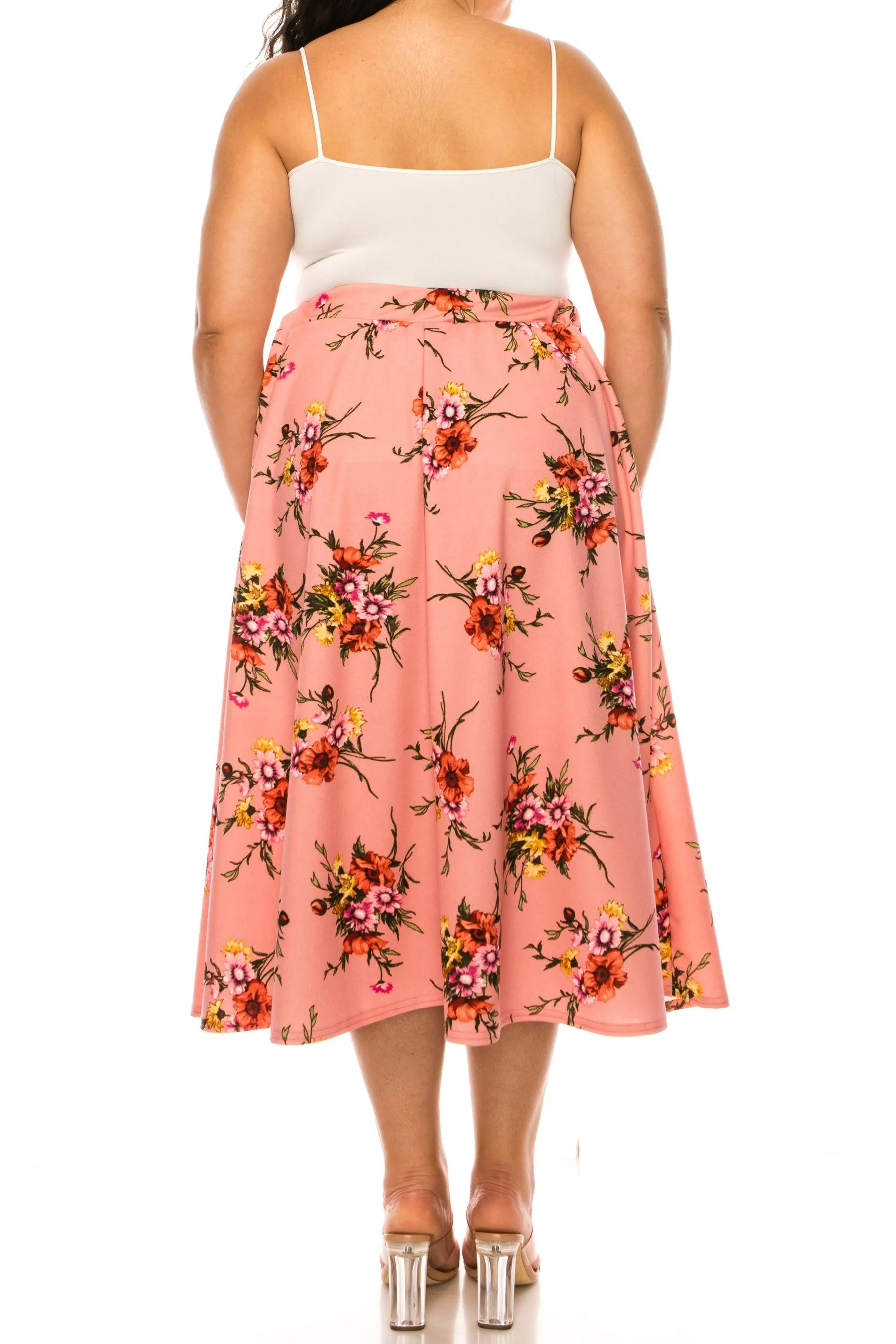 Women's Plus size Floral Printed Elastic Waist A-Line Midi Skirt