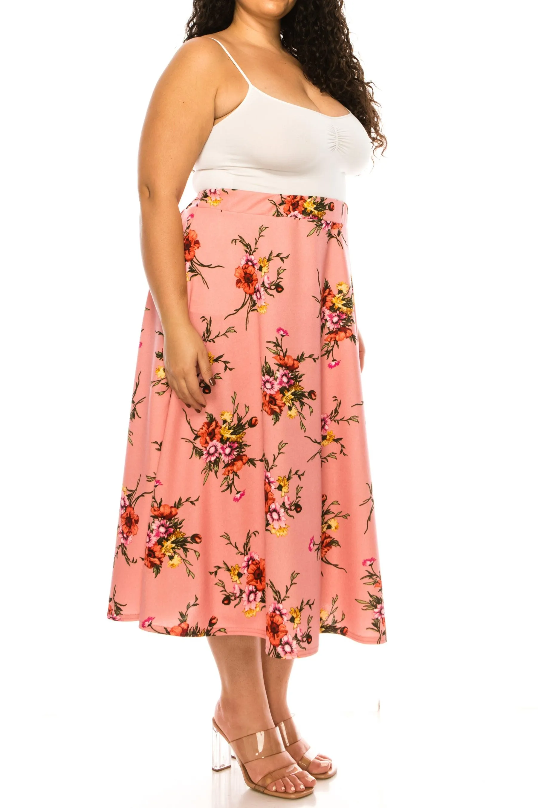 Women's Plus size Floral Printed Elastic Waist A-Line Midi Skirt