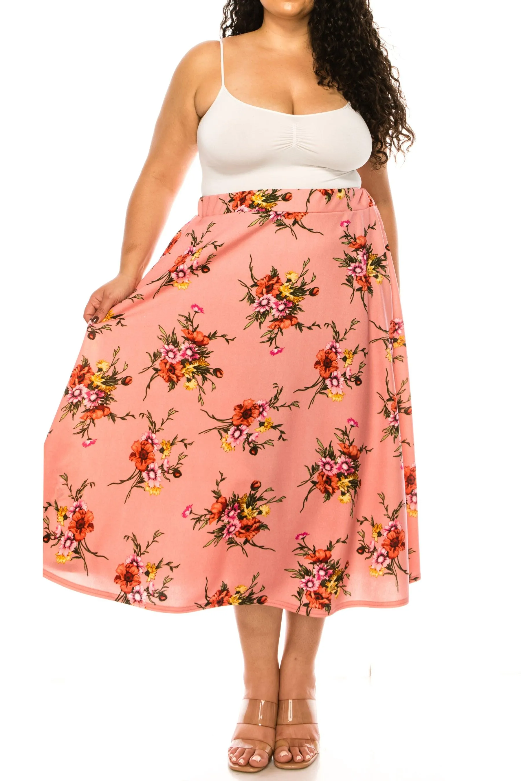 Women's Plus size Floral Printed Elastic Waist A-Line Midi Skirt