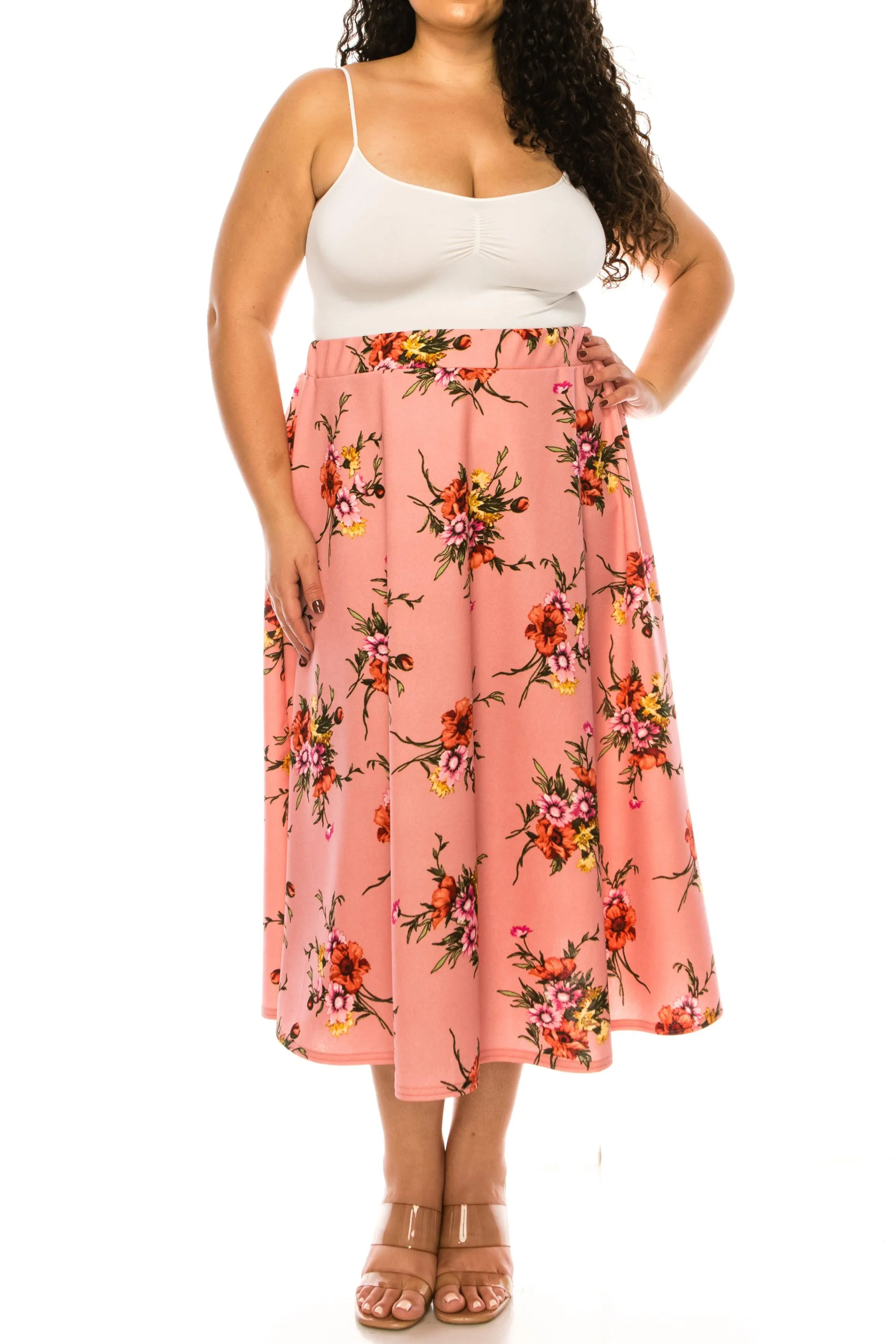 Women's Plus size Floral Printed Elastic Waist A-Line Midi Skirt