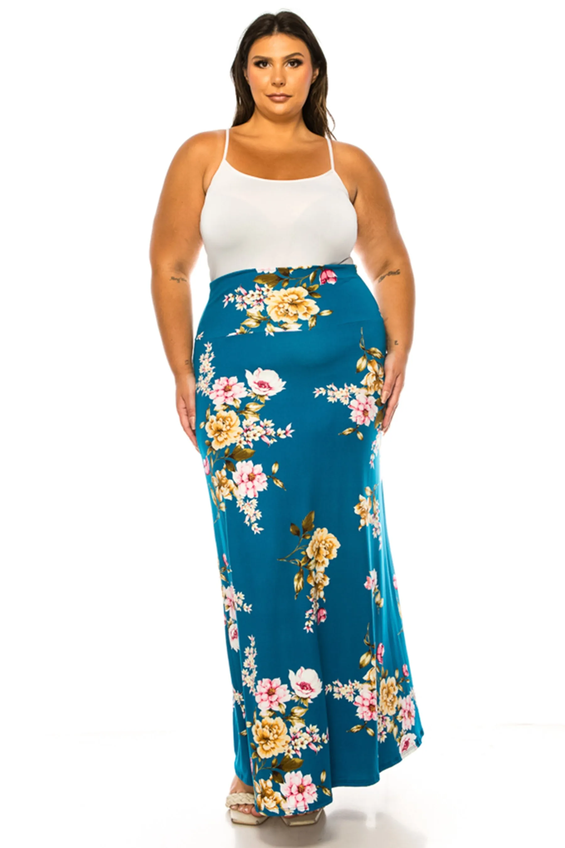 Women's Plus Size Printed High Waisted A-Line Maxi Skirt with Foldable Waistband - Relax