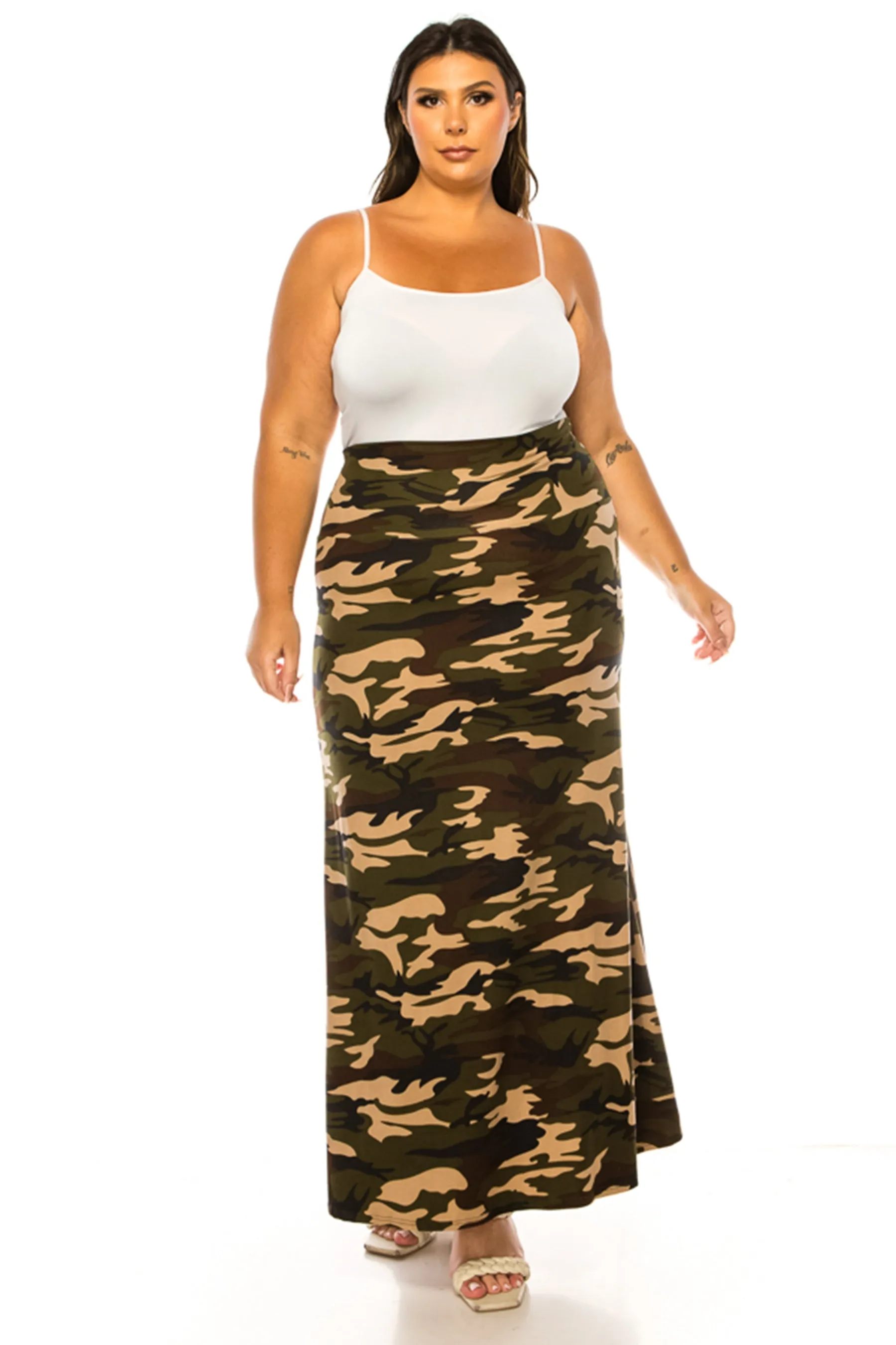 Women's Plus Size Printed High Waisted A-Line Maxi Skirt with Foldable Waistband - Relax