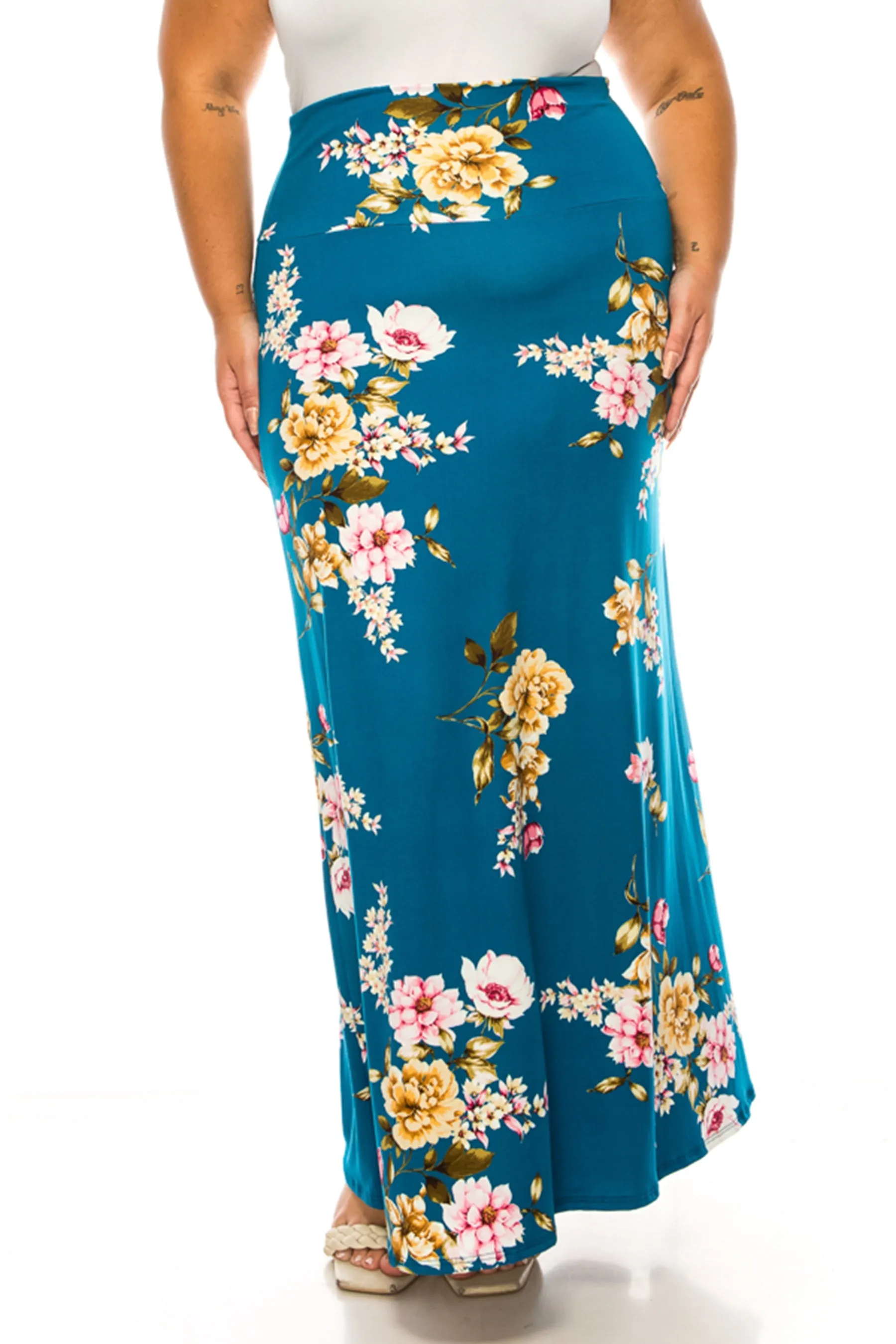 Women's Plus Size Printed High Waisted A-Line Maxi Skirt with Foldable Waistband - Relax