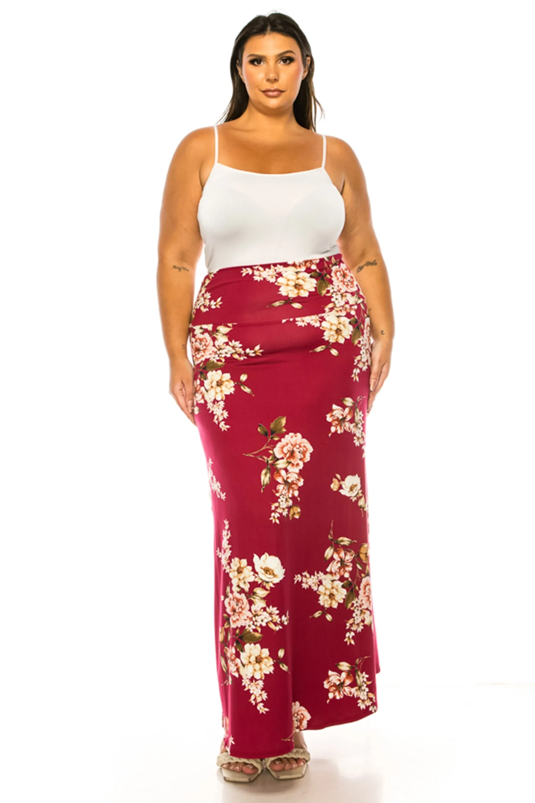 Women's Plus Size Printed High Waisted A-Line Maxi Skirt with Foldable Waistband - Relax