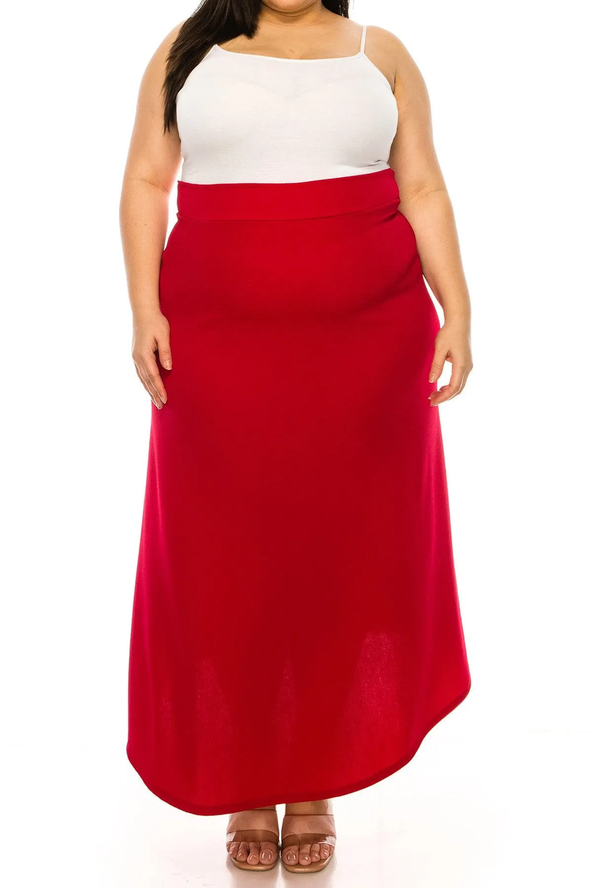 Women's Plus Size Solid High Waisted Flare A-line Midi Skirt with Elastic Waistband